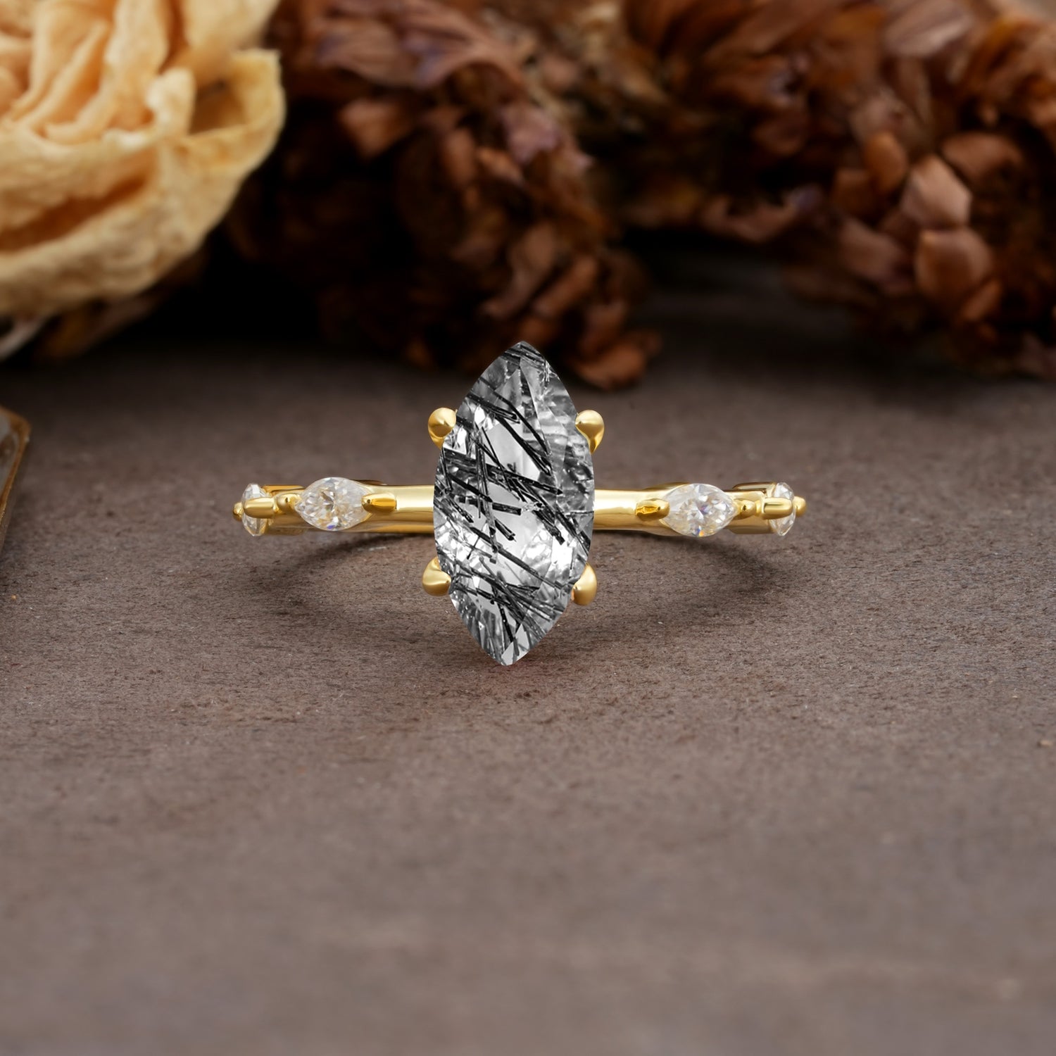 Unique, Minimalist 4-Prong Marquise Cut Black Rutilated Quartz Engagement Ring - Additional view