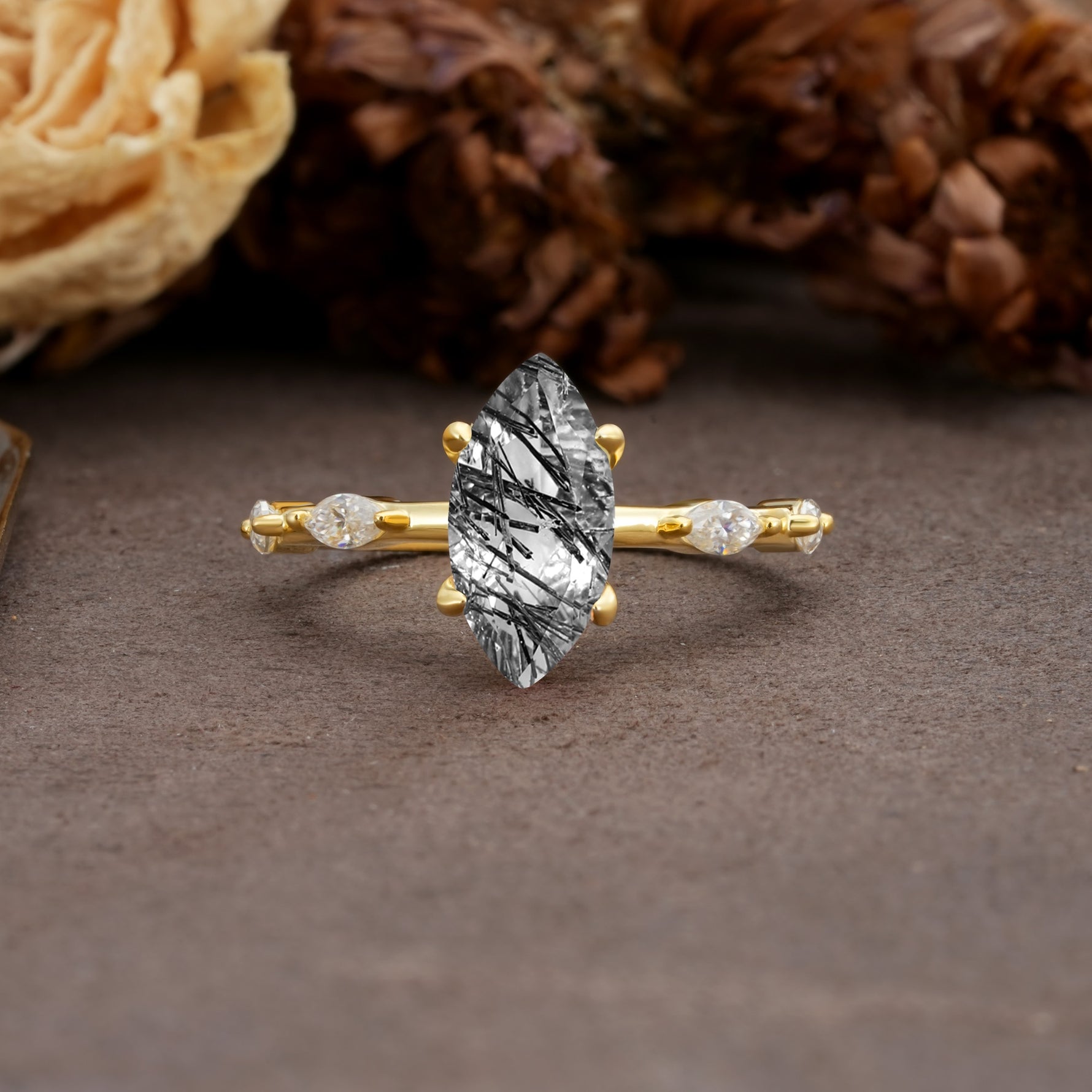 Unique, Minimalist 4-Prong Marquise Cut Black Rutilated Quartz Engagement Ring - Additional view