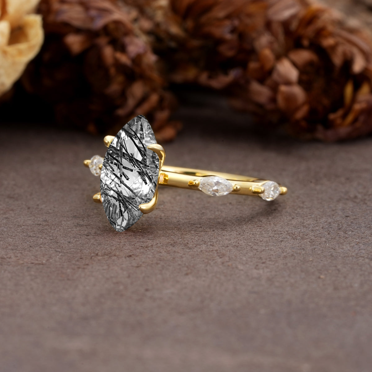 Unique, Minimalist 4-Prong Marquise Cut Black Rutilated Quartz Engagement Ring - Additional view