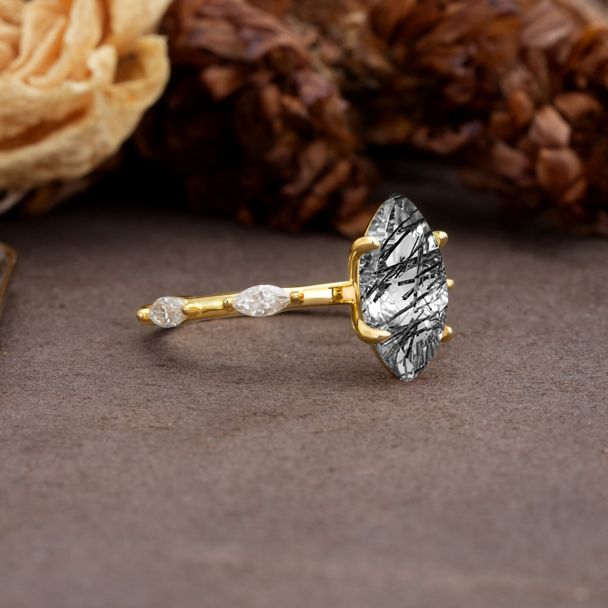 Unique, Minimalist 4-Prong Marquise Cut Black Rutilated Quartz Engagement Ring - Additional view