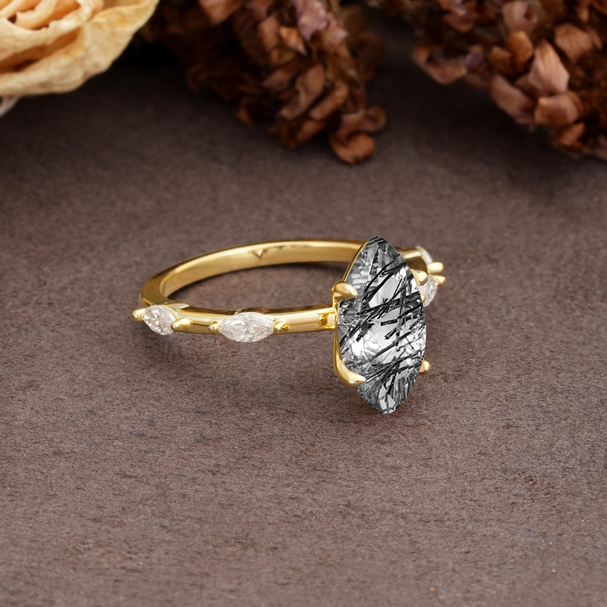Unique, Minimalist 4-Prong Marquise Cut Black Rutilated Quartz Engagement Ring - Additional view