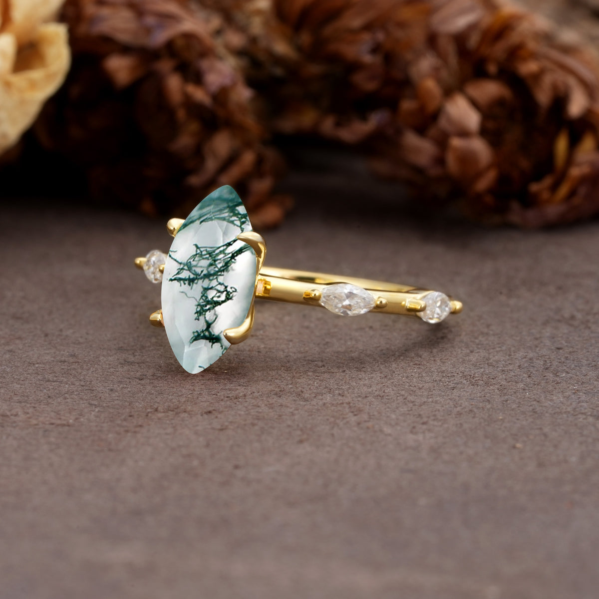 Unique, Minimalist 4-Prong Marquise Cut Moss Agate Engagement Ring - Additional view