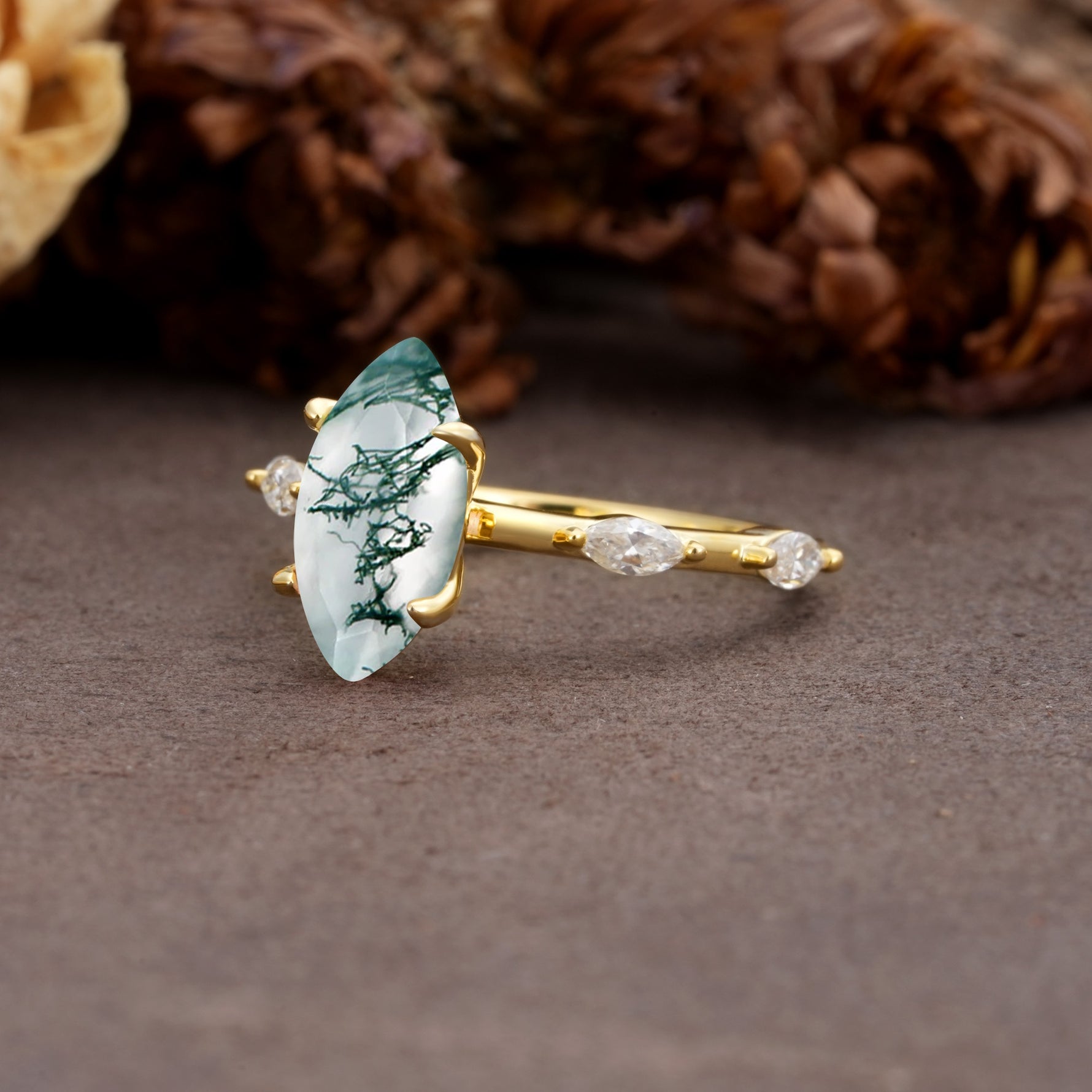 Unique, Minimalist 4-Prong Marquise Cut Moss Agate Engagement Ring - Additional view