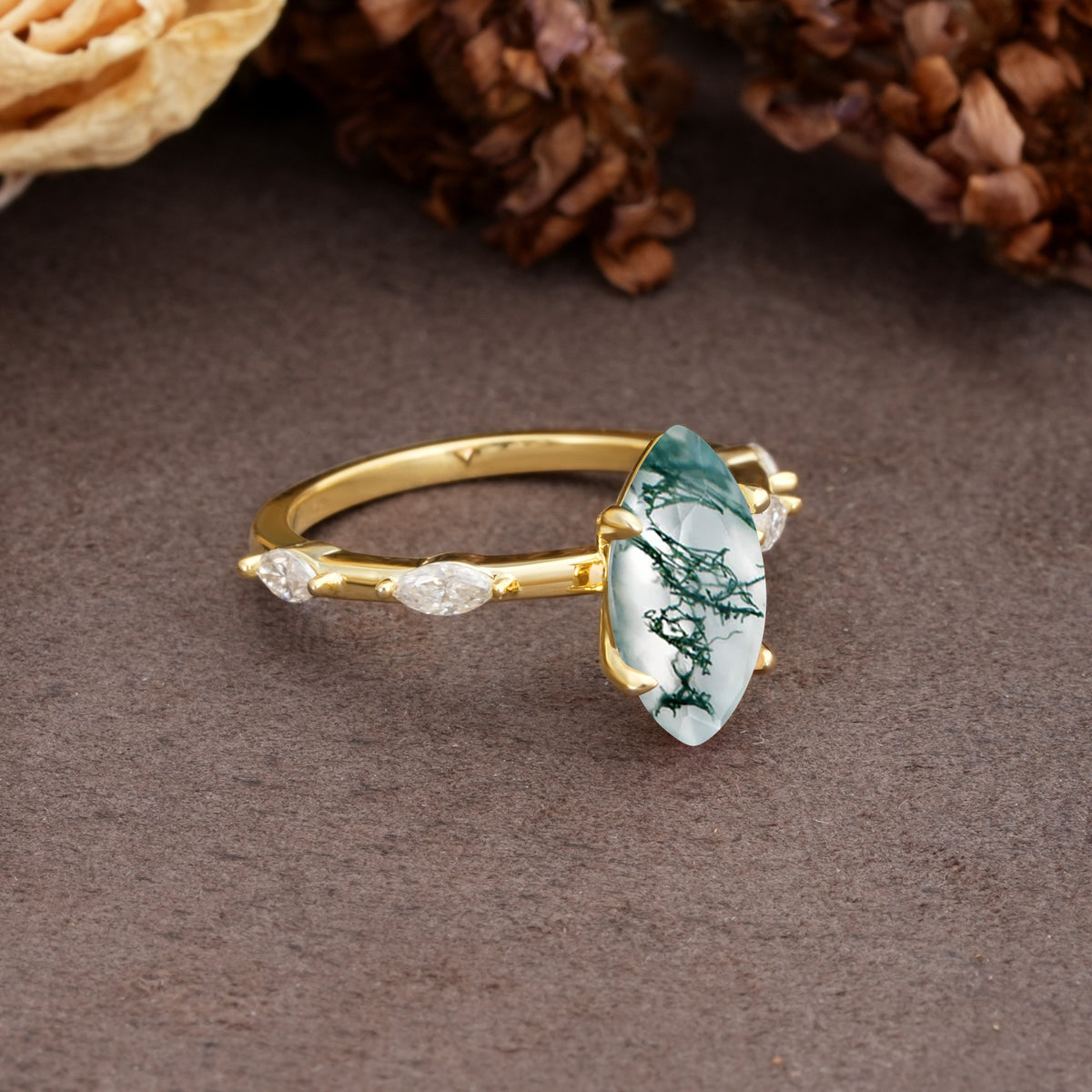 Unique, Minimalist 4-Prong Marquise Cut Moss Agate Engagement Ring - Additional view