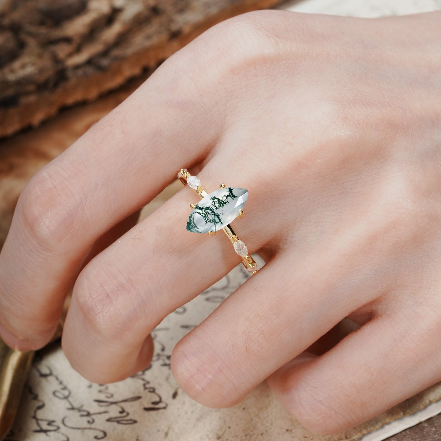 Unique, Minimalist 4-Prong Marquise Cut Moss Agate Engagement Ring - Additional view