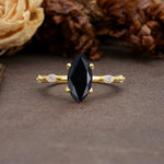 Unique, Minimalist 4-Prong Marquise Cut Black Onyx Engagement Ring - Additional view