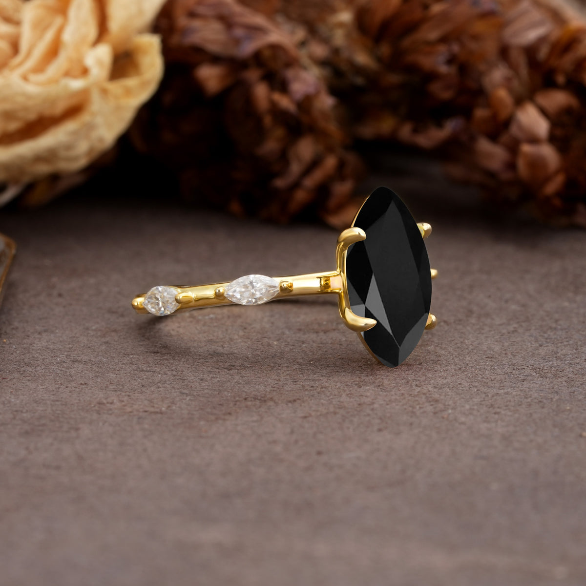 Unique, Minimalist 4-Prong Marquise Cut Black Onyx Engagement Ring - Additional view