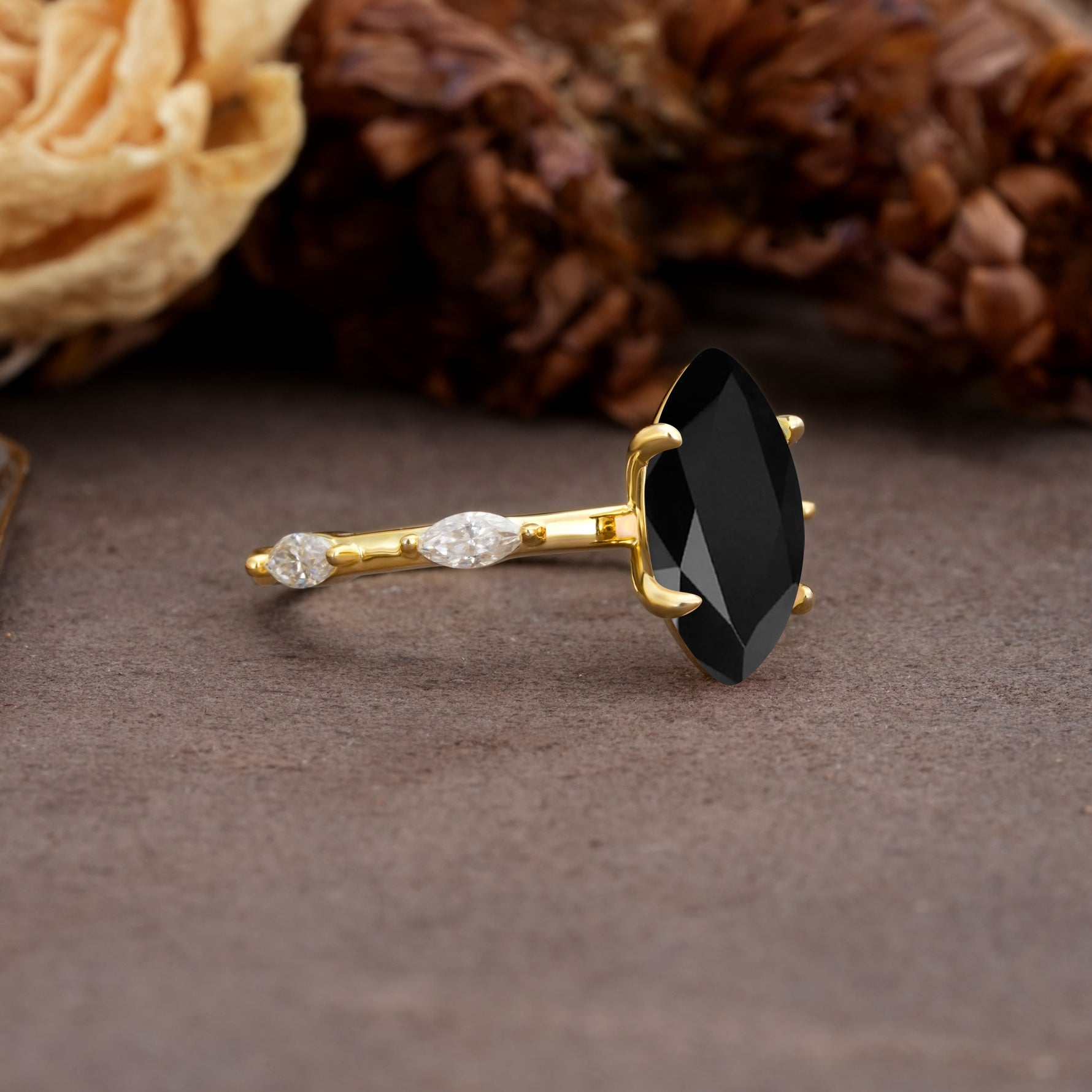 Unique, Minimalist 4-Prong Marquise Cut Black Onyx Engagement Ring - Additional view