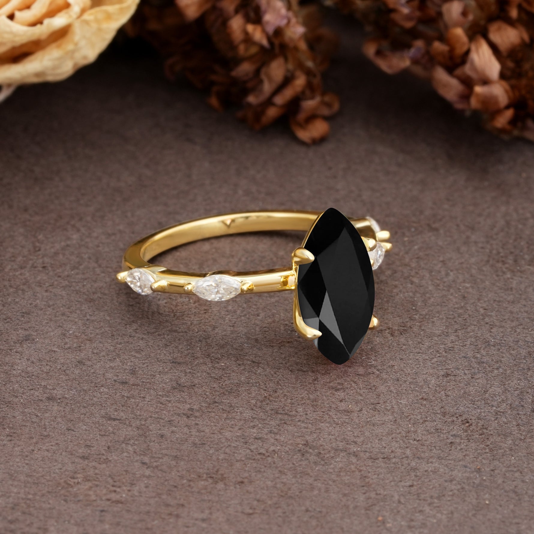Unique, Minimalist 4-Prong Marquise Cut Black Onyx Engagement Ring - Additional view
