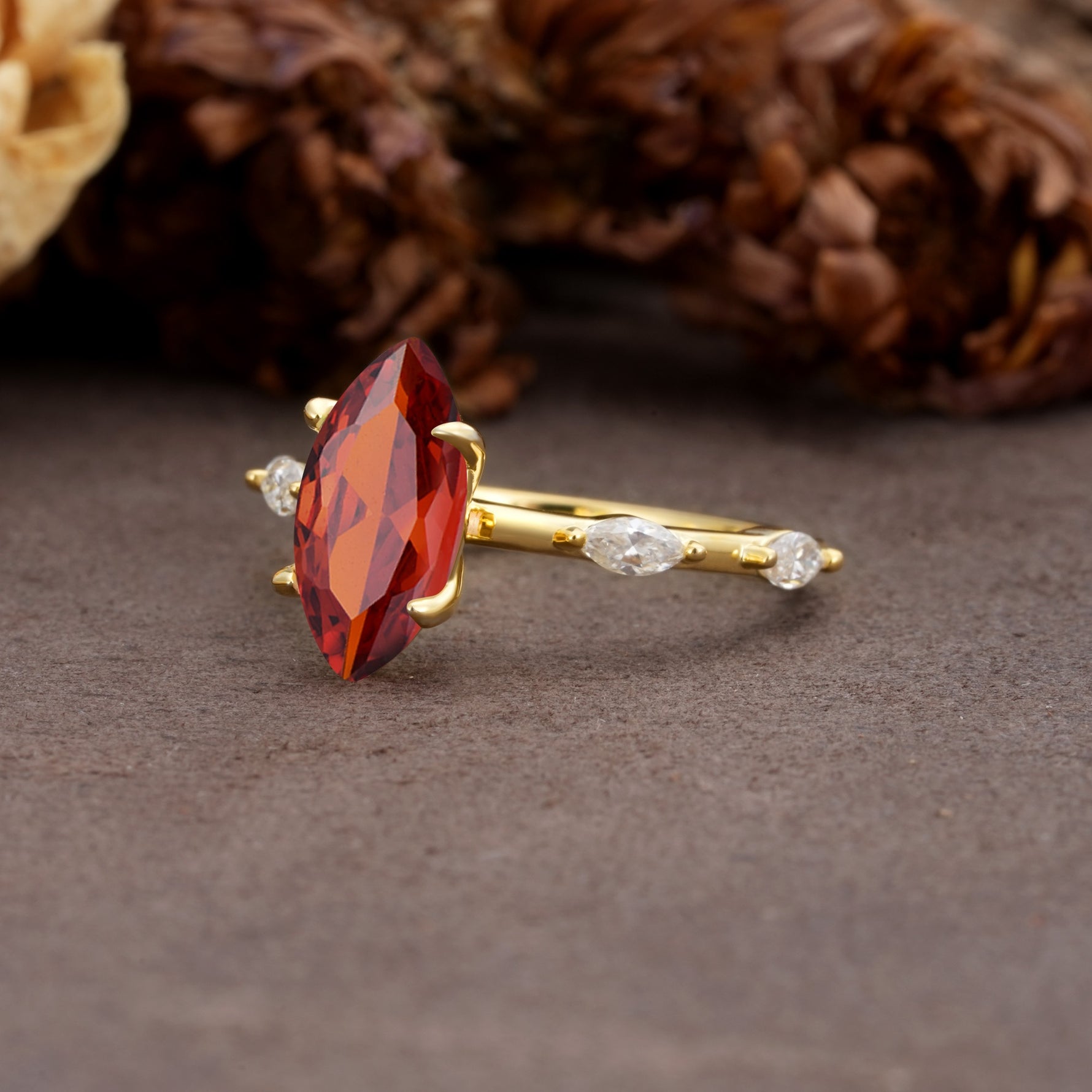 Unique, Minimalist 4-Prong Marquise Cut Garnet Engagement Ring - Additional view