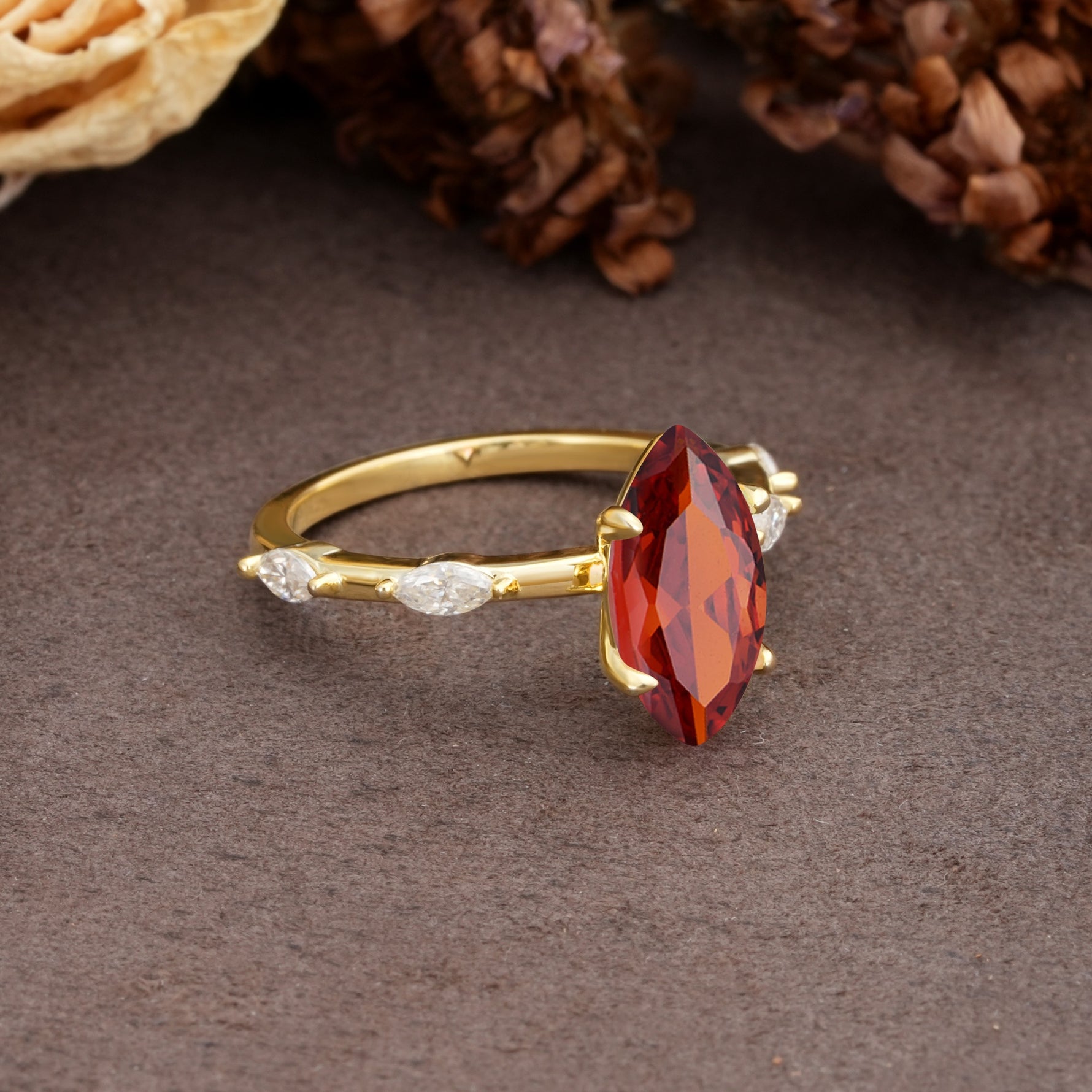 Unique, Minimalist 4-Prong Marquise Cut Garnet Engagement Ring - Additional view