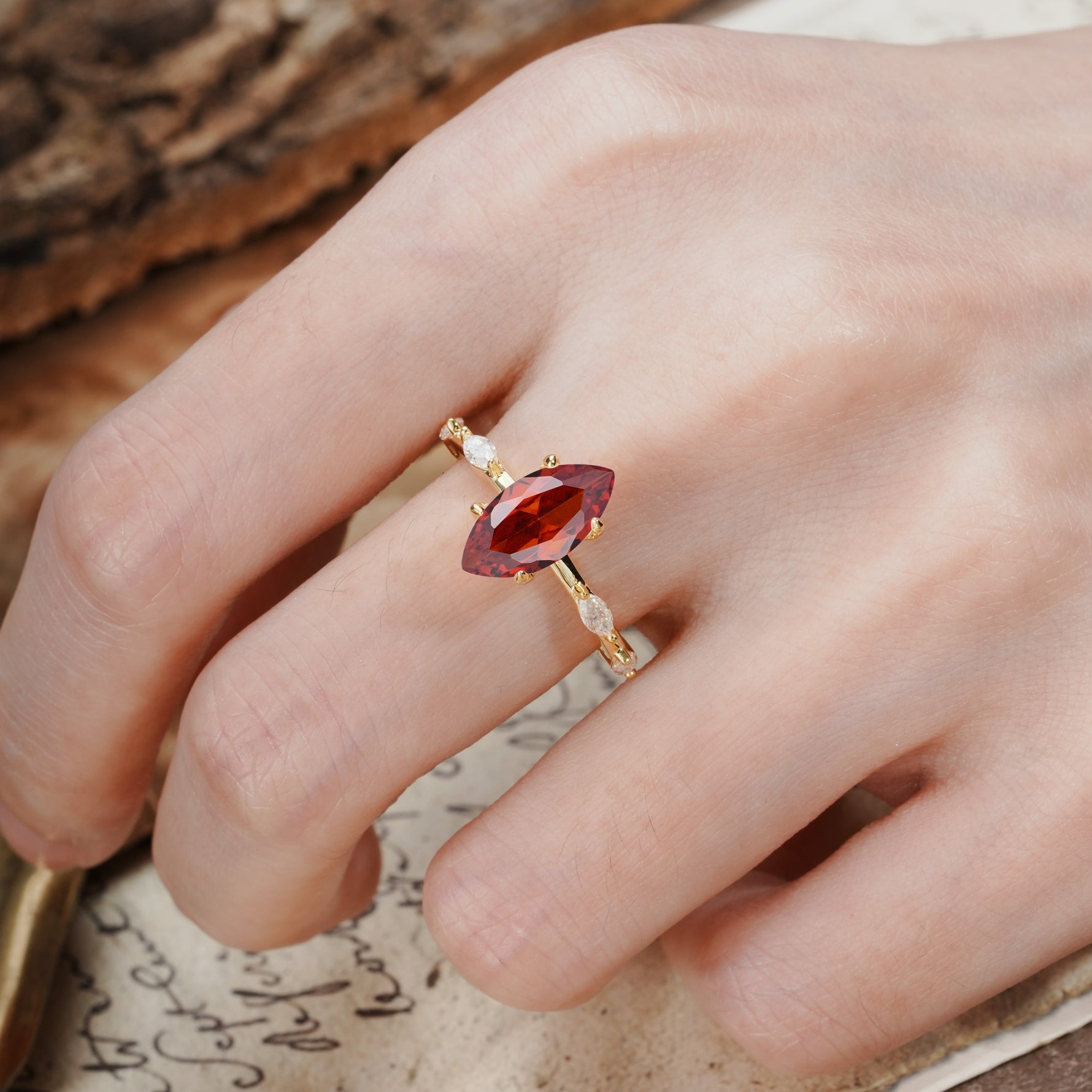 Unique, Minimalist 4-Prong Marquise Cut Garnet Engagement Ring - Additional view