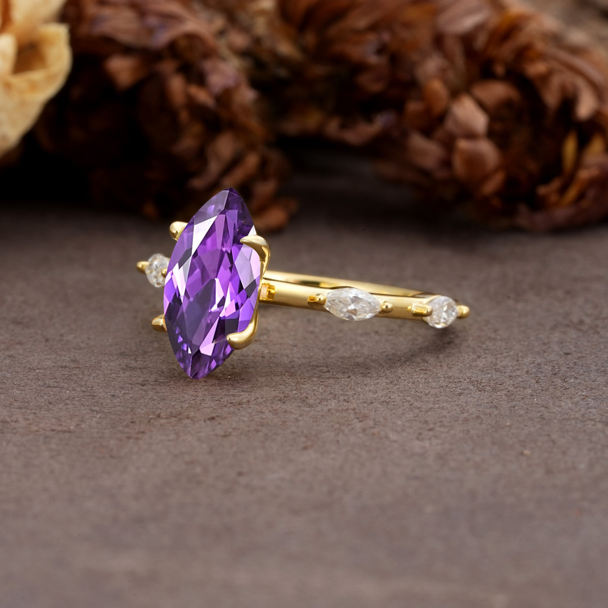 Unique, Minimalist 4-Prong Marquise Cut Amethyst Engagement Ring - Additional view