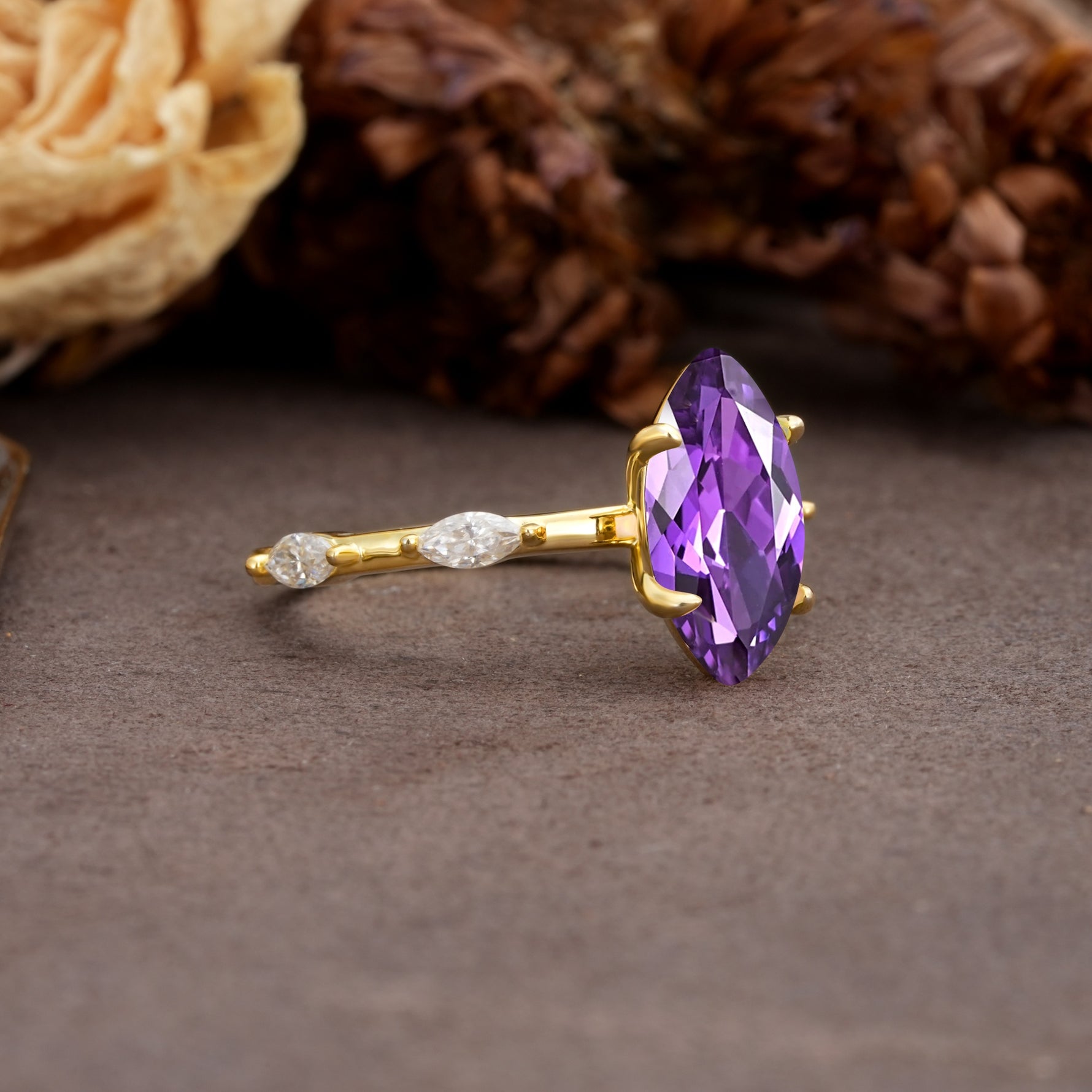 Unique, Minimalist 4-Prong Marquise Cut Amethyst Engagement Ring - Additional view
