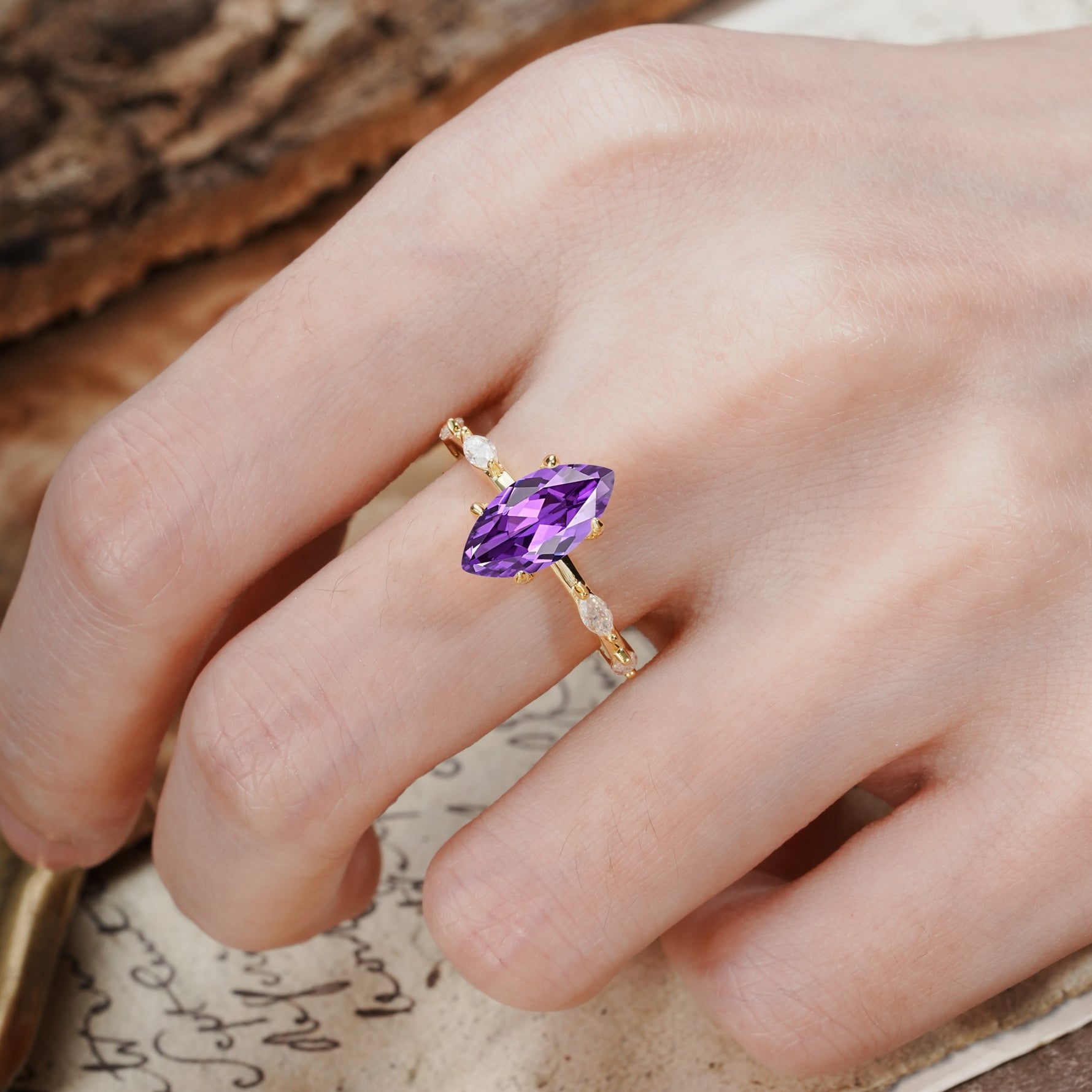 Unique, Minimalist 4-Prong Marquise Cut Amethyst Engagement Ring - Additional view