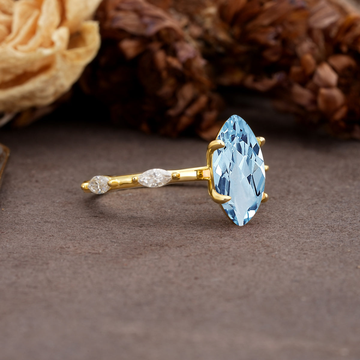 Unique, Minimalist 4-Prong Marquise Cut Aquamarine Engagement Ring - Additional view