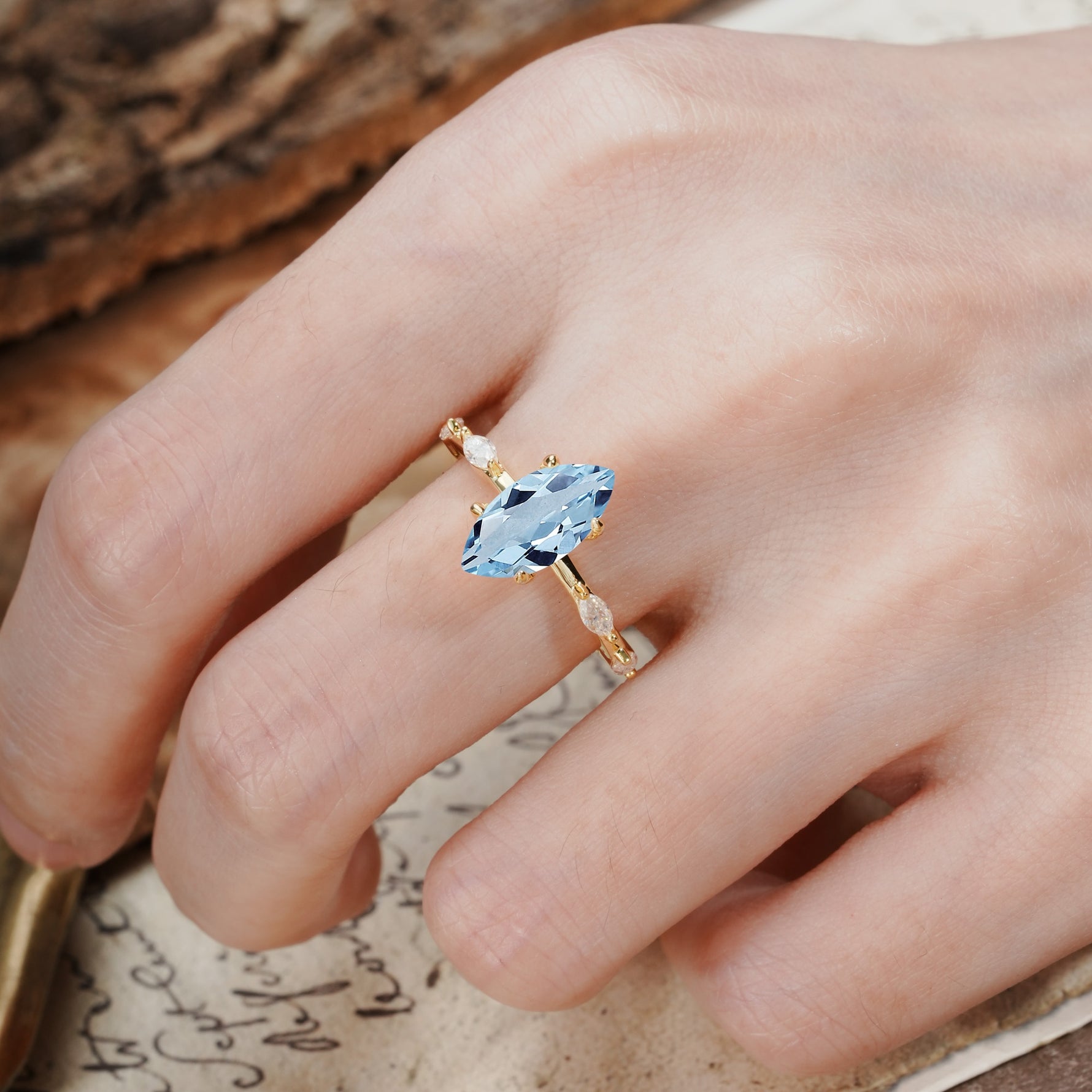 Unique, Minimalist 4-Prong Marquise Cut Aquamarine Engagement Ring - Additional view