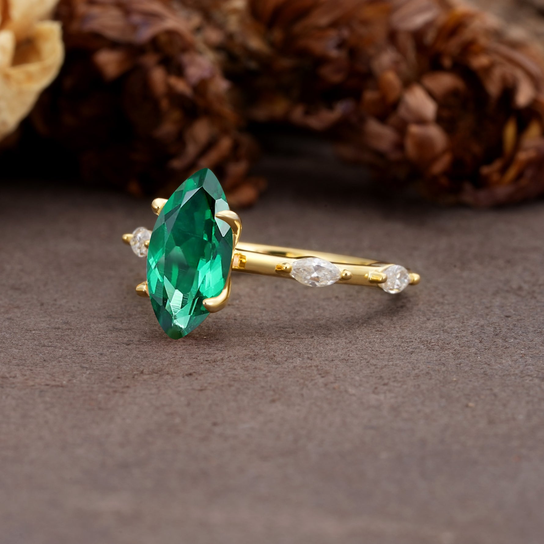Unique, Minimalist 4-Prong Marquise Cut Emerald Engagement Ring - Additional view