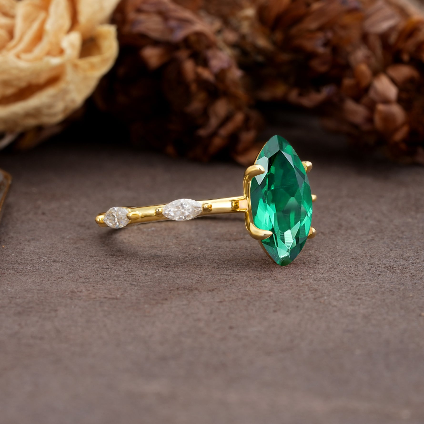 Unique, Minimalist 4-Prong Marquise Cut Emerald Engagement Ring - Additional view