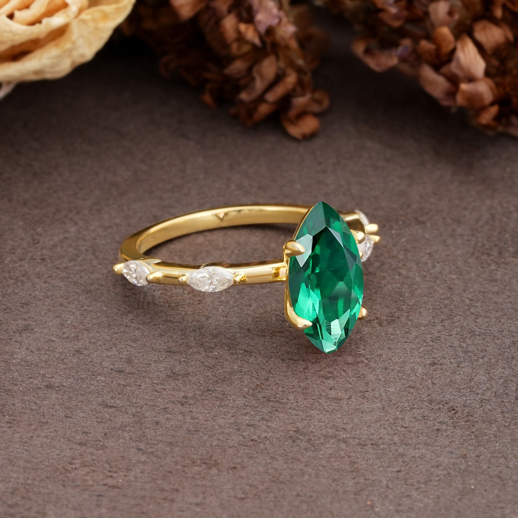 Unique, Minimalist 4-Prong Marquise Cut Emerald Engagement Ring - Additional view