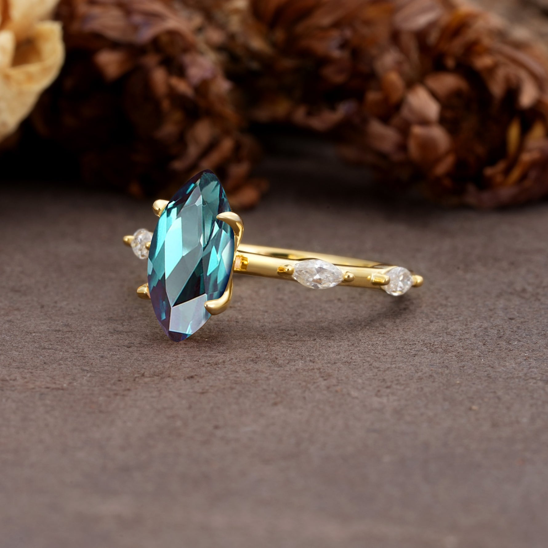 Unique, Minimalist 4-Prong Marquise Cut Alexandrite Engagement Ring - Additional view
