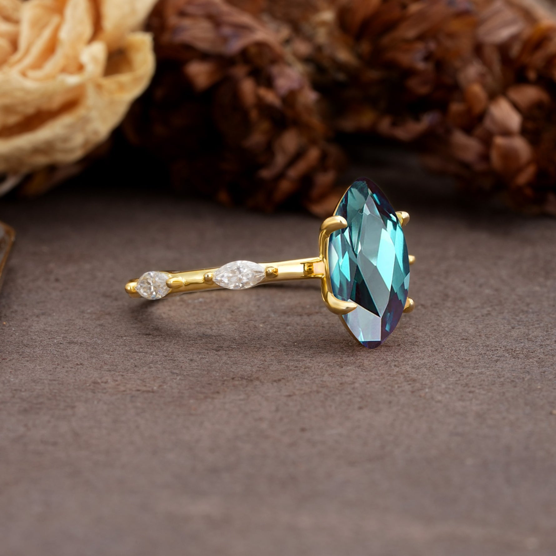 Unique, Minimalist 4-Prong Marquise Cut Alexandrite Engagement Ring - Additional view