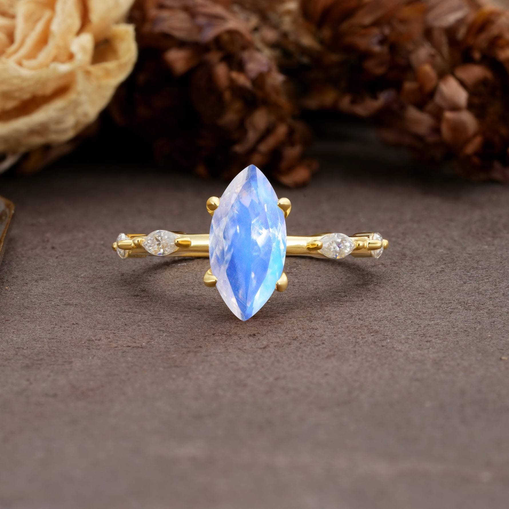 Unique, Minimalist 4-Prong Marquise Cut Moonstone Engagement Ring - Additional view