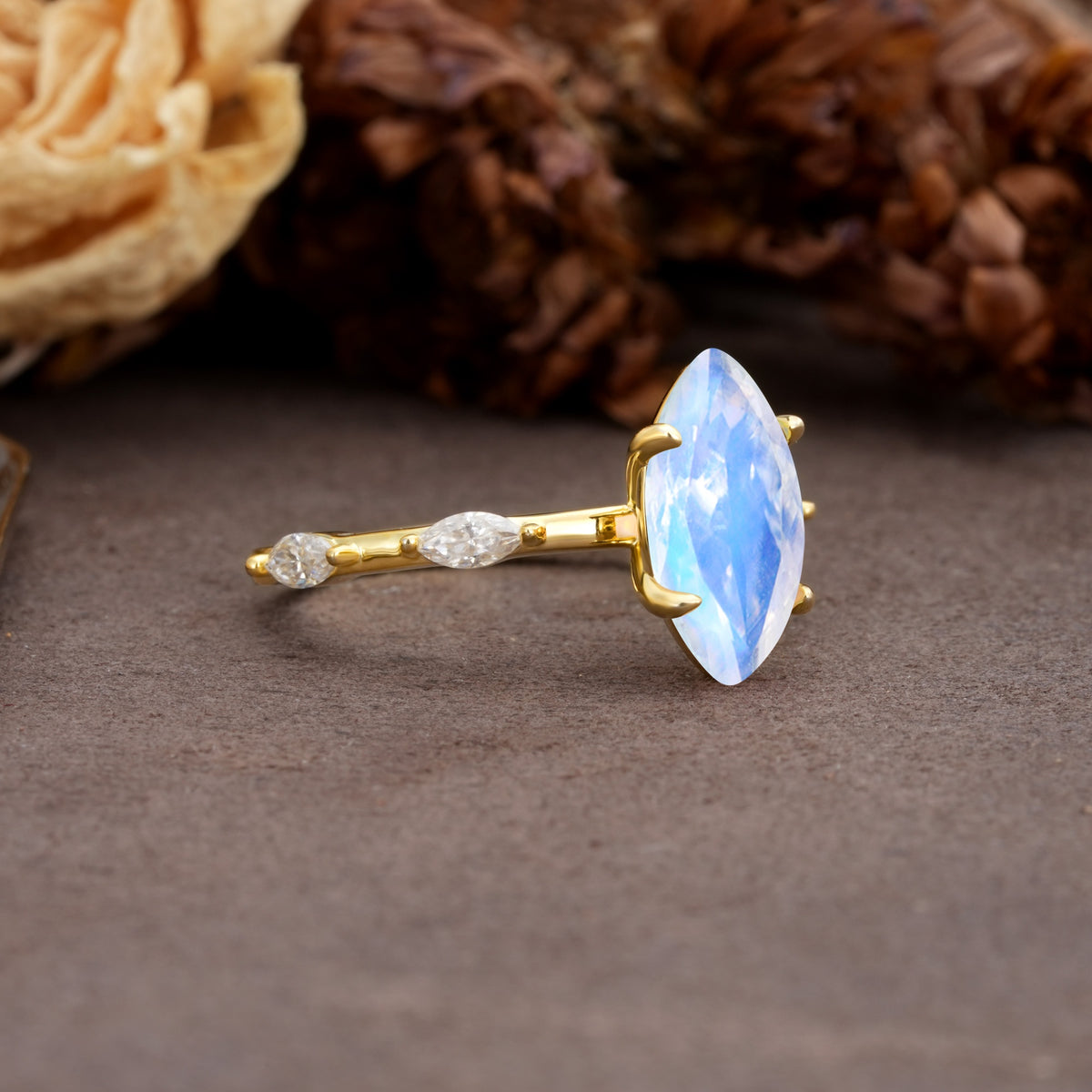 Unique, Minimalist 4-Prong Marquise Cut Moonstone Engagement Ring - Additional view