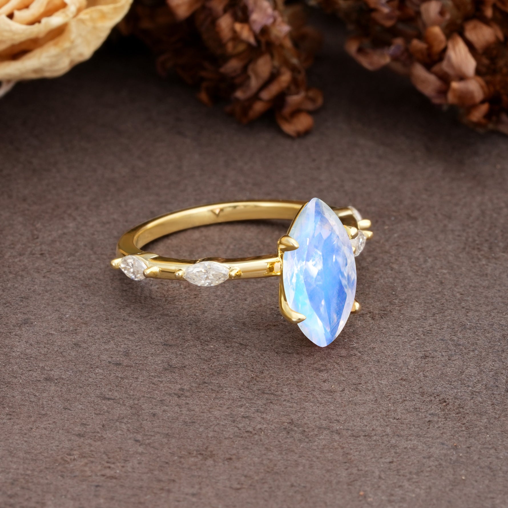Unique, Minimalist 4-Prong Marquise Cut Moonstone Engagement Ring - Additional view
