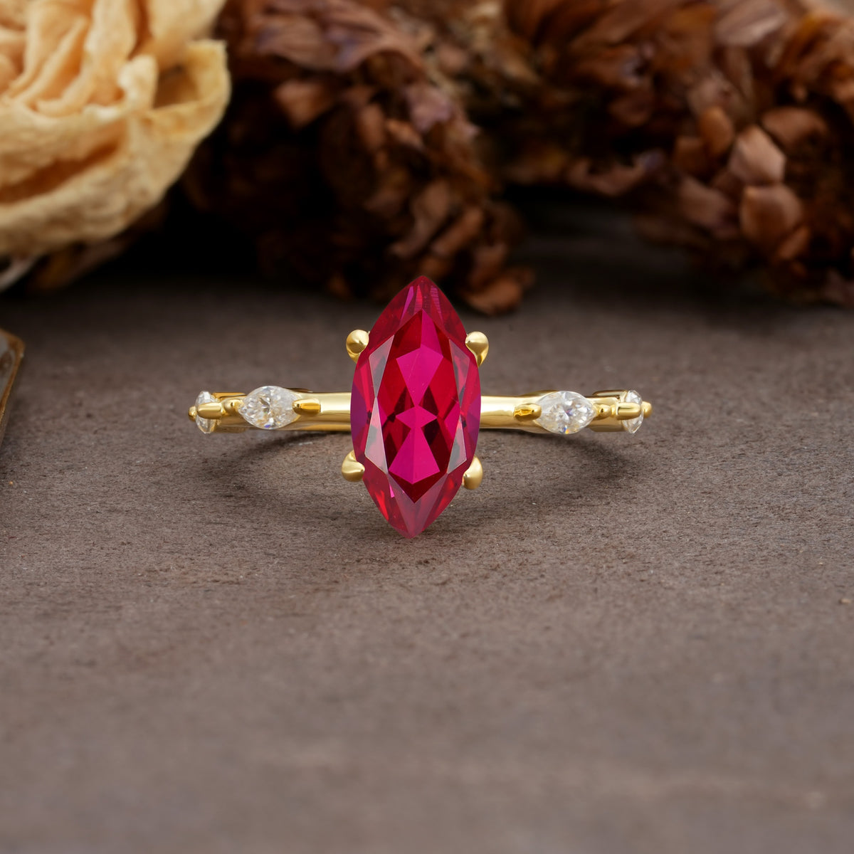 Unique, Minimalist 4-Prong Marquise Cut Ruby Engagement Ring - Additional view