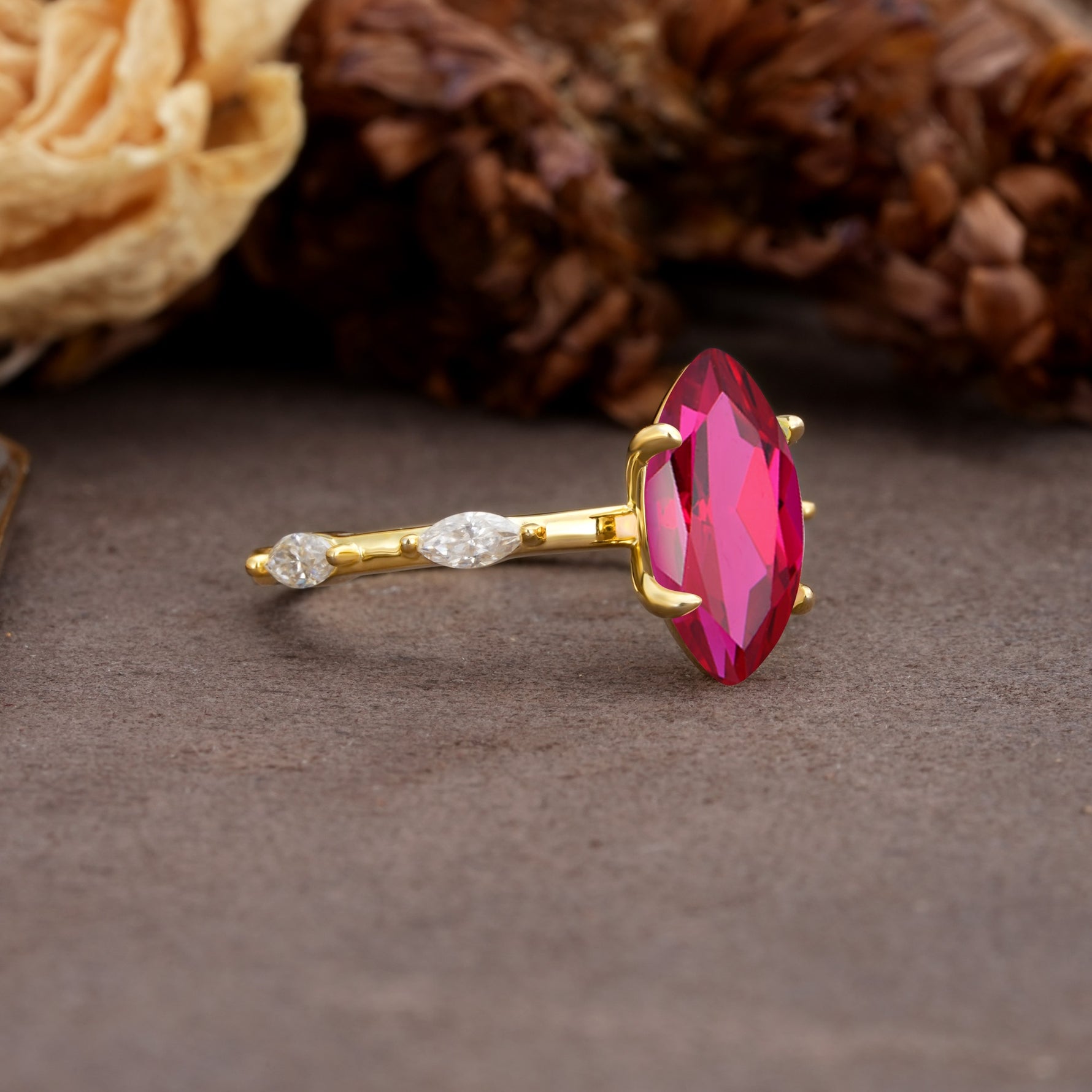 Unique, Minimalist 4-Prong Marquise Cut Ruby Engagement Ring - Additional view