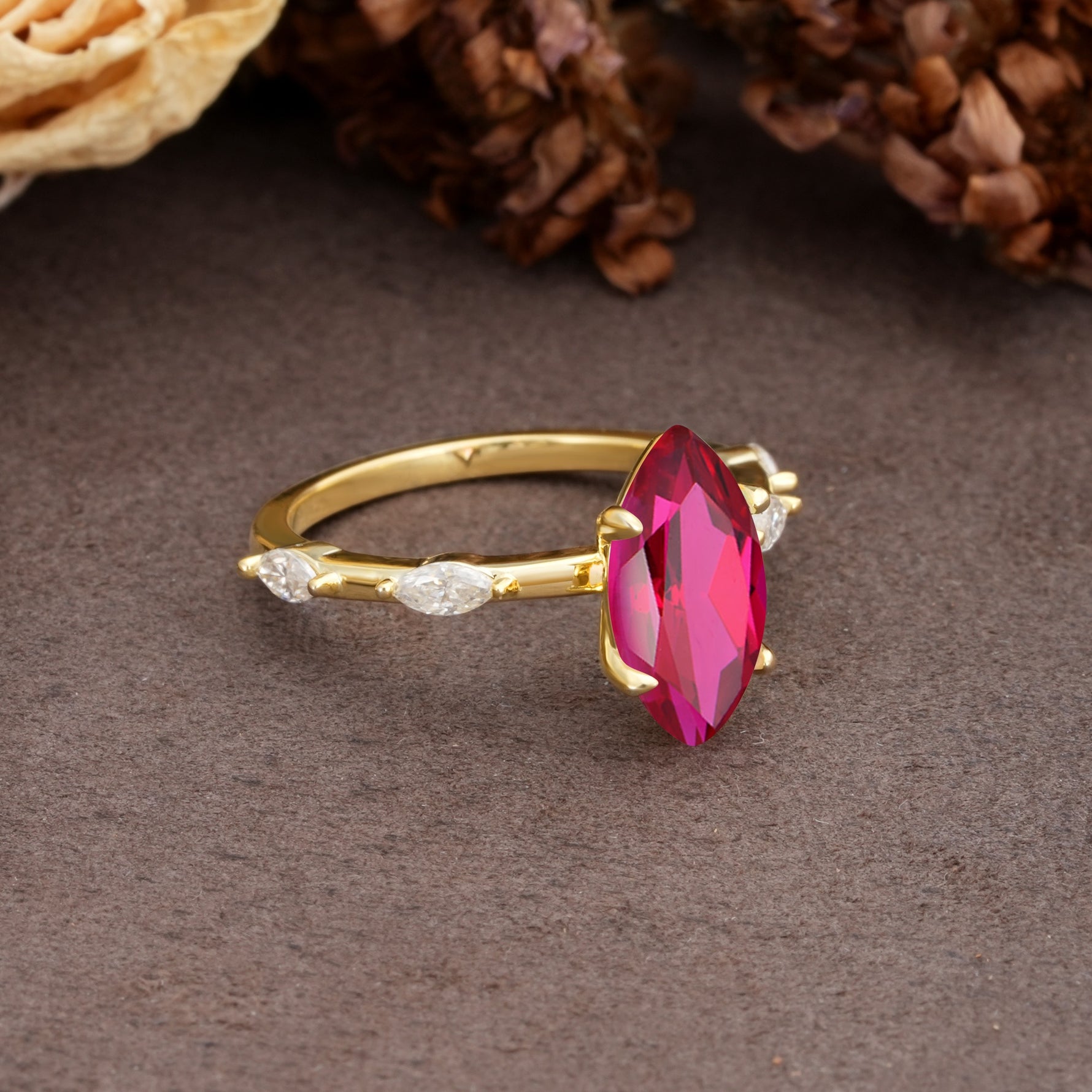 Unique, Minimalist 4-Prong Marquise Cut Ruby Engagement Ring - Additional view