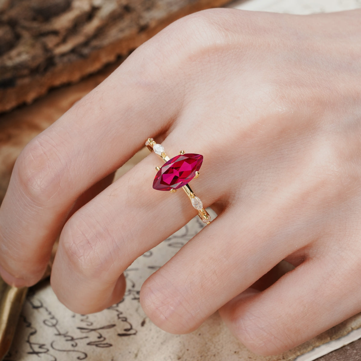 Unique, Minimalist 4-Prong Marquise Cut Ruby Engagement Ring - Additional view