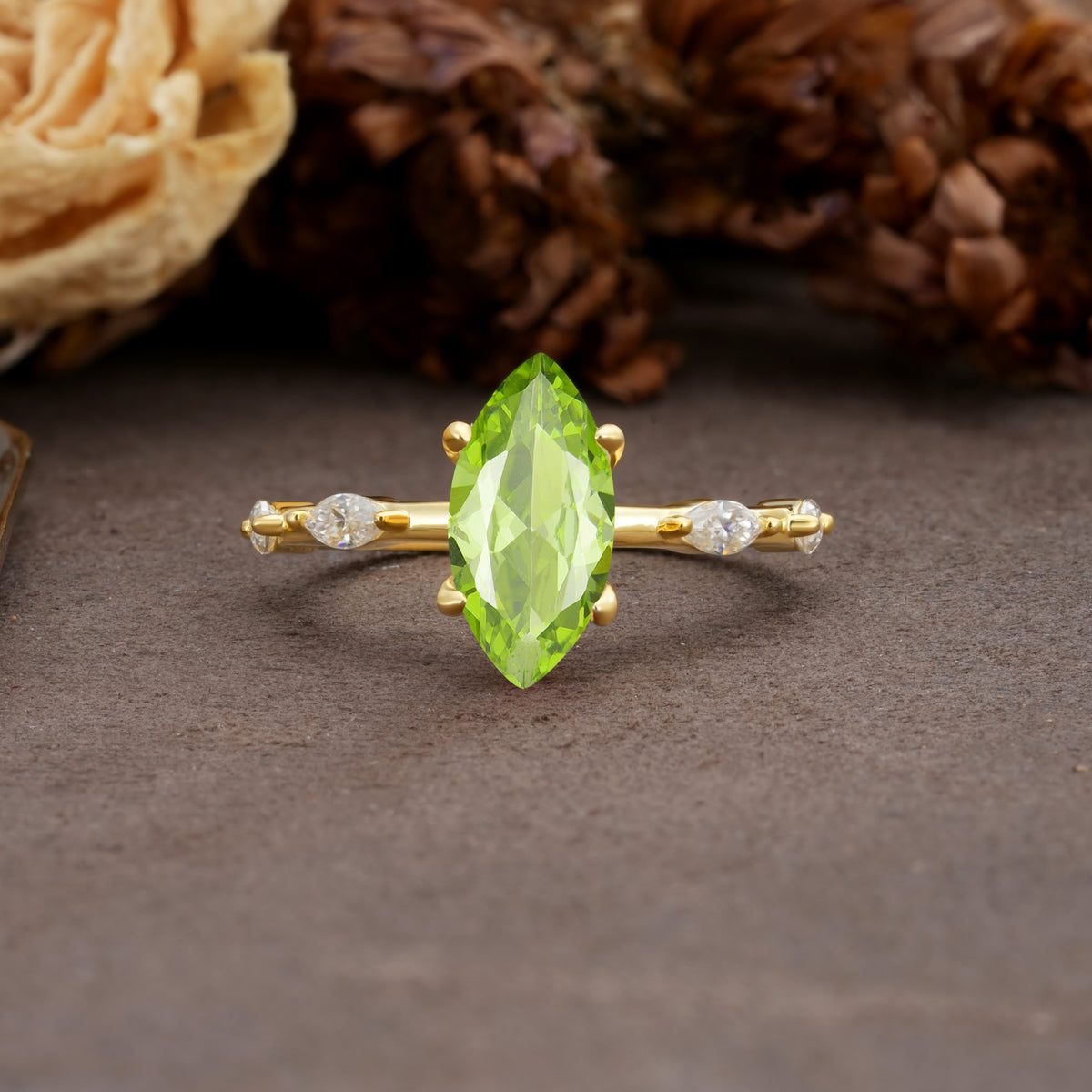 Unique, Minimalist 4-Prong Marquise Cut Peridot Engagement Ring - Additional view