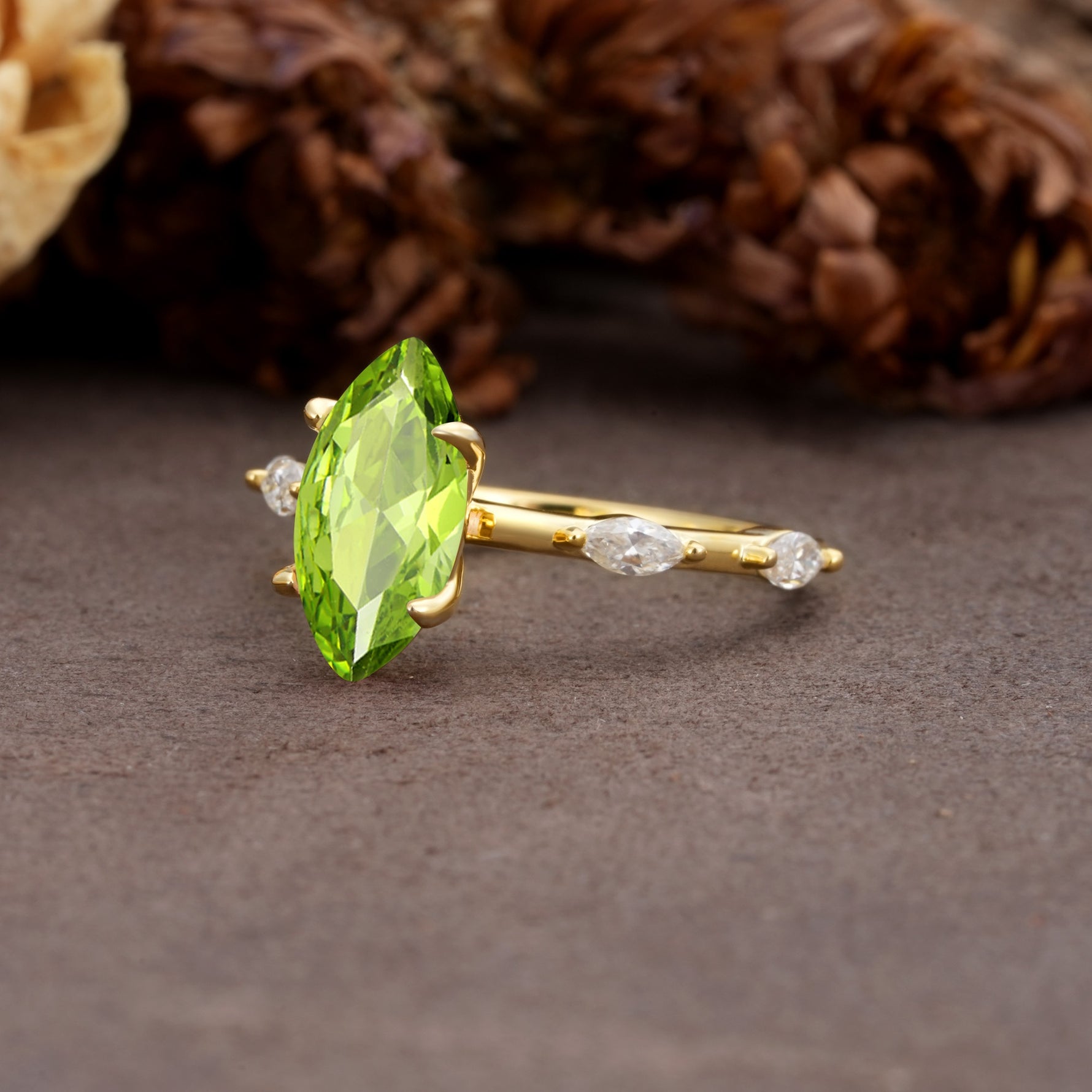 Unique, Minimalist 4-Prong Marquise Cut Peridot Engagement Ring - Additional view