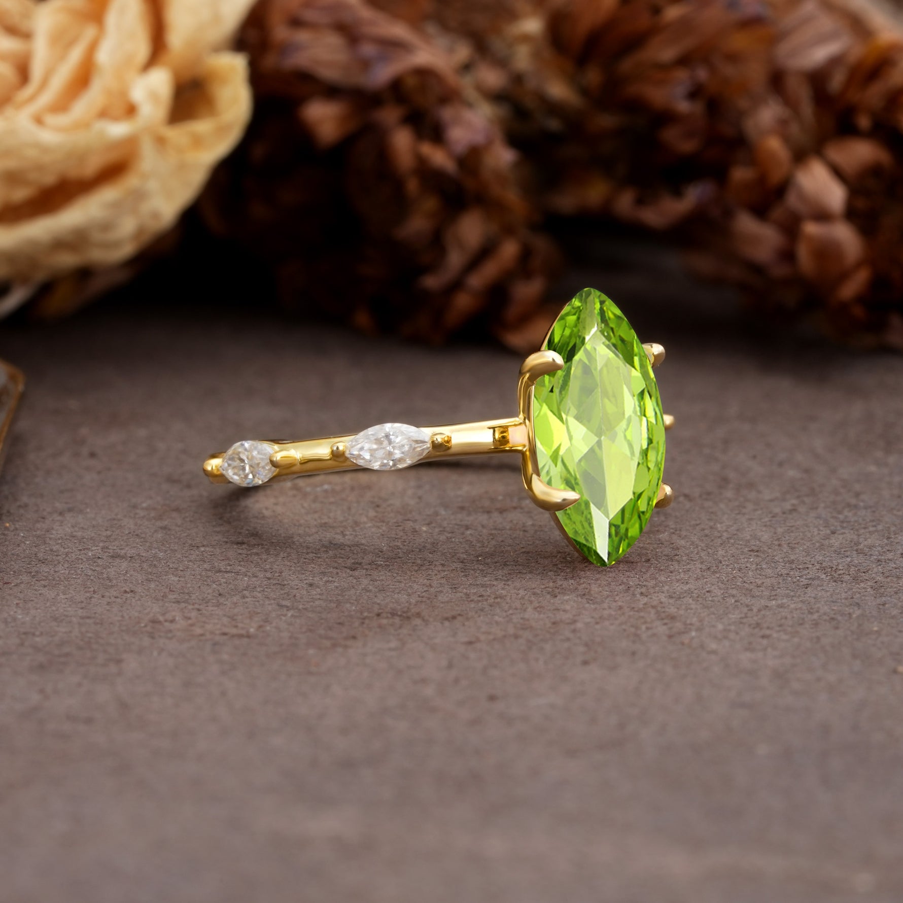 Unique, Minimalist 4-Prong Marquise Cut Peridot Engagement Ring - Additional view