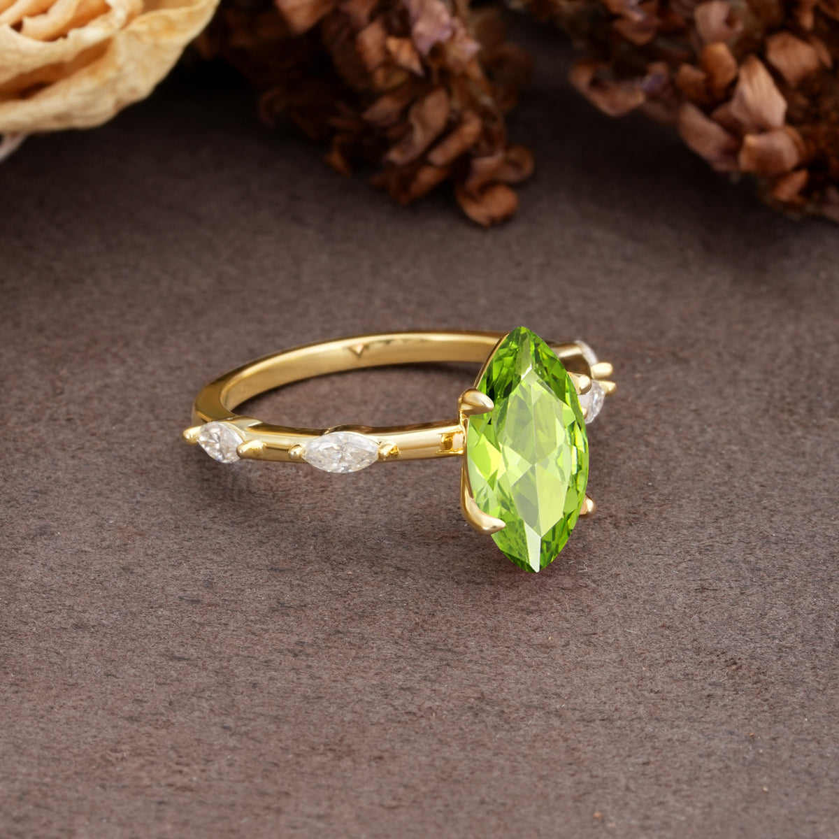 Unique, Minimalist 4-Prong Marquise Cut Peridot Engagement Ring - Additional view