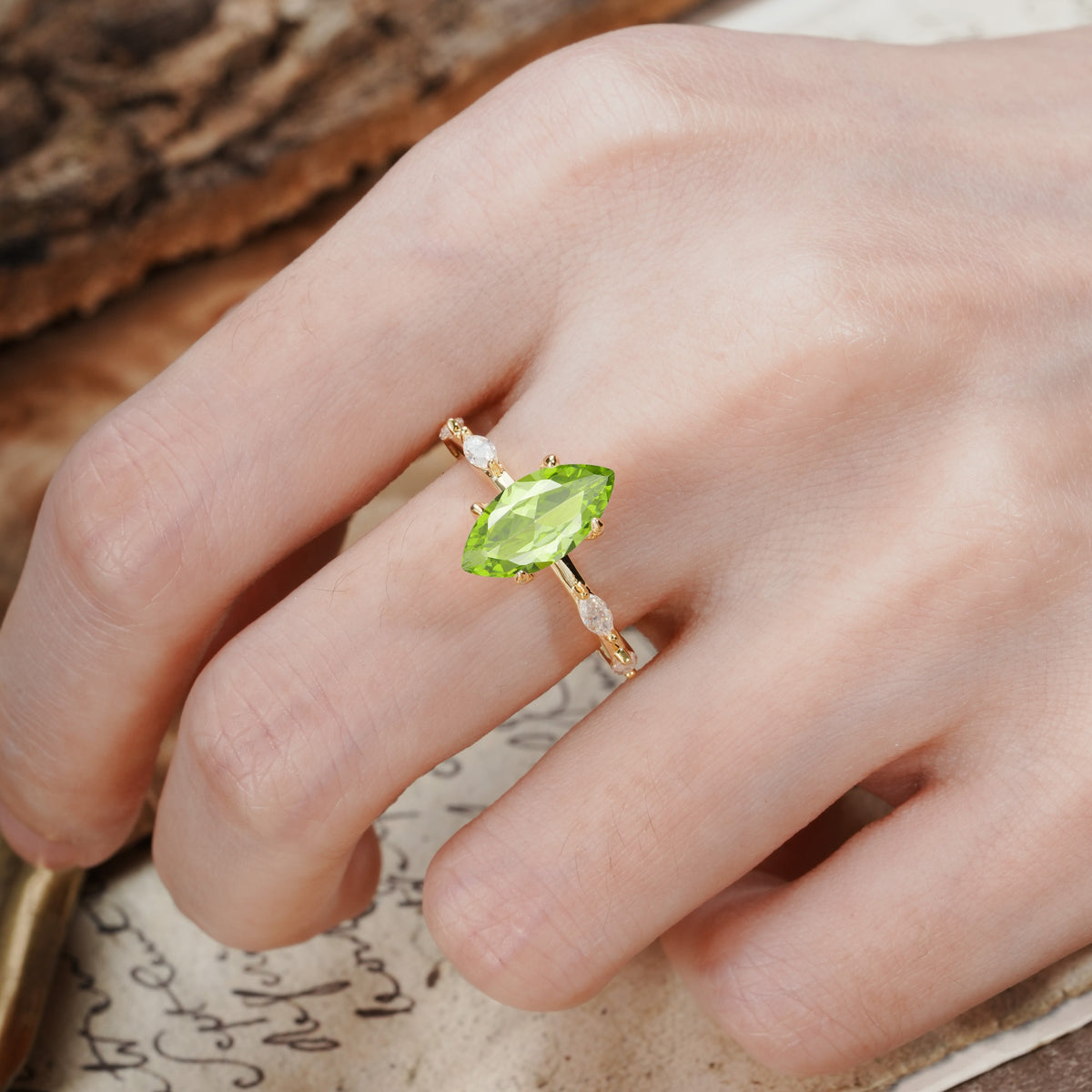 Unique, Minimalist 4-Prong Marquise Cut Peridot Engagement Ring - Additional view