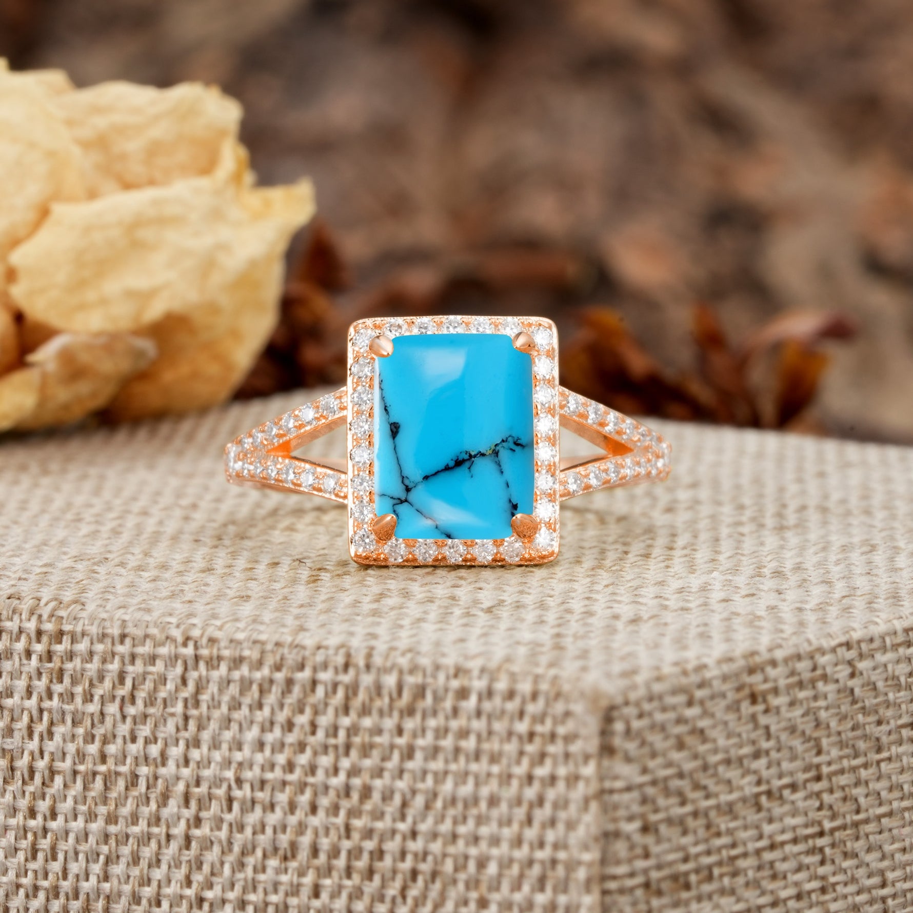 Unique & Classic 4-Prong Emerald Cut Turquoise Engagement Ring - Additional view