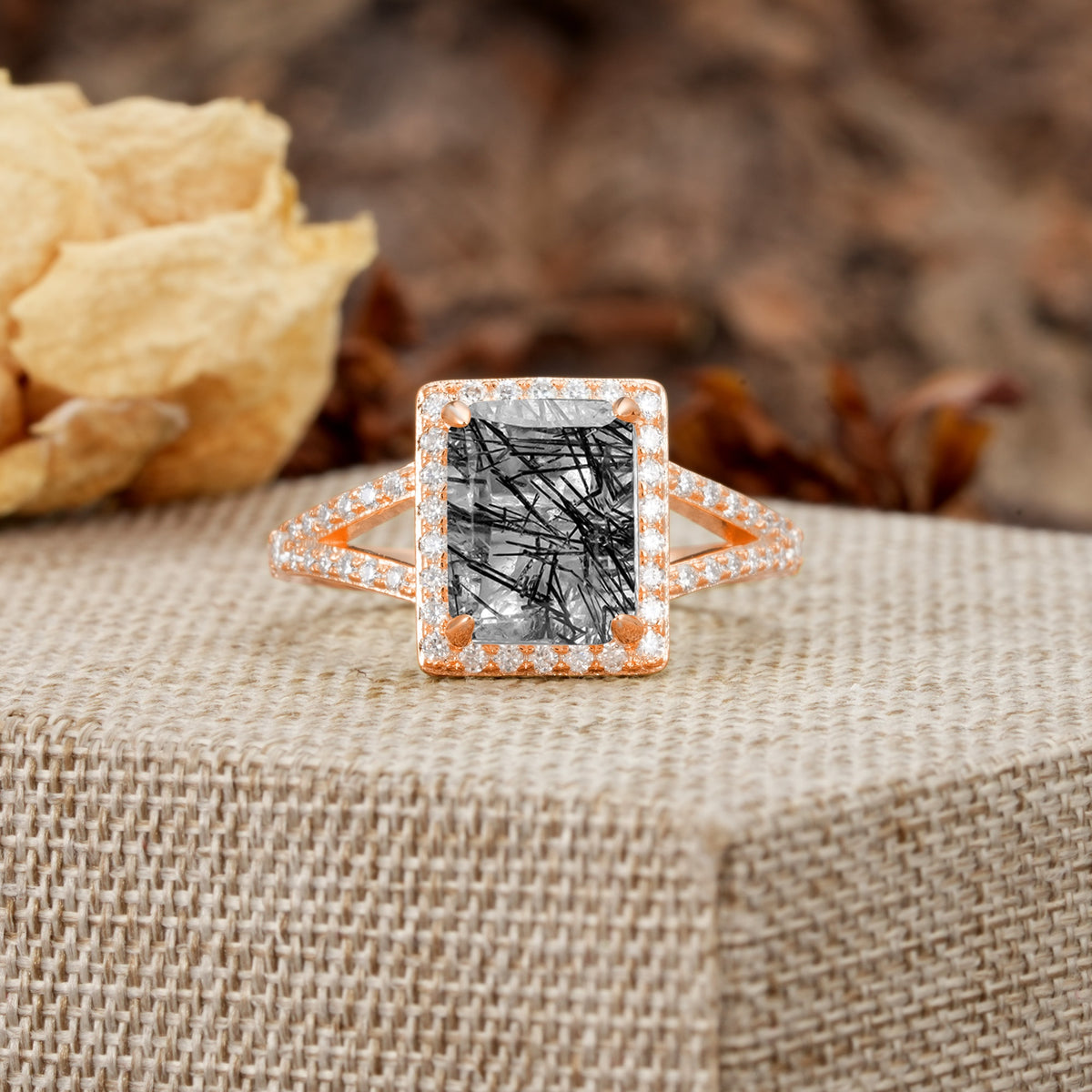 Unique & Classic 4-Prong Emerald Cut Black Rutilated Quartz Engagement Ring - Additional view