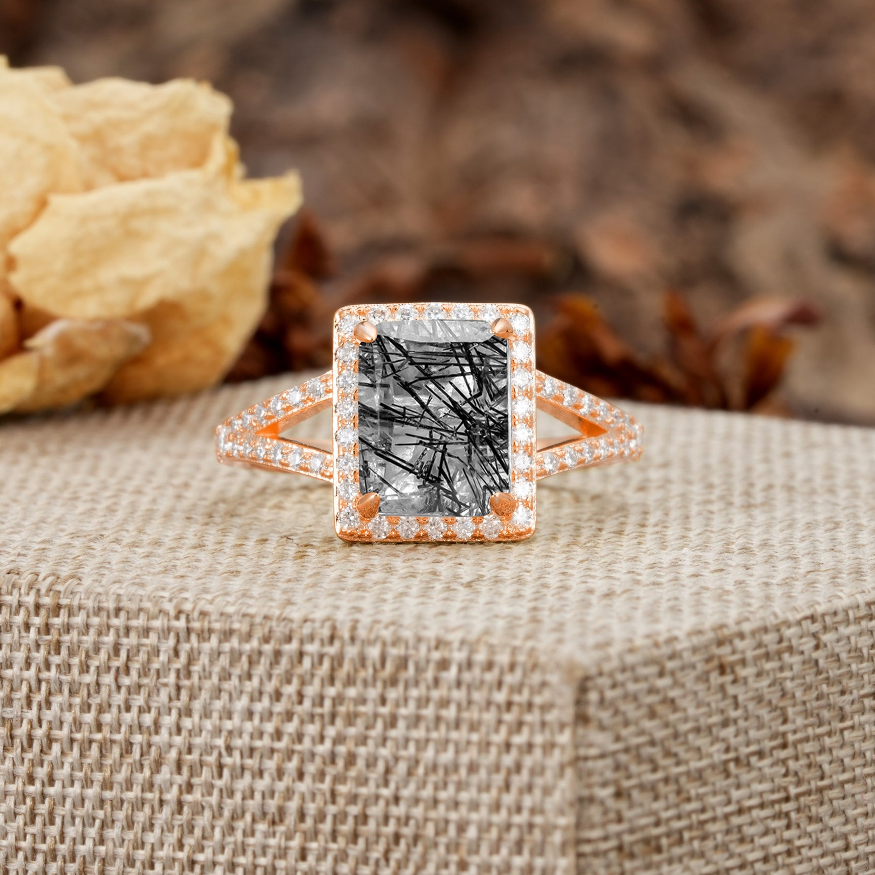 Unique & Classic 4-Prong Emerald Cut Black Rutilated Quartz Engagement Ring - Additional view