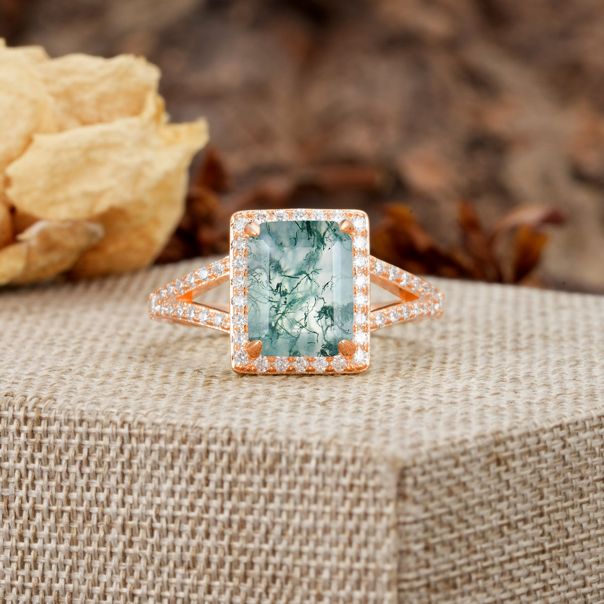 Unique & Classic 4-Prong Emerald Cut Moss Agate Engagement Ring - Additional view