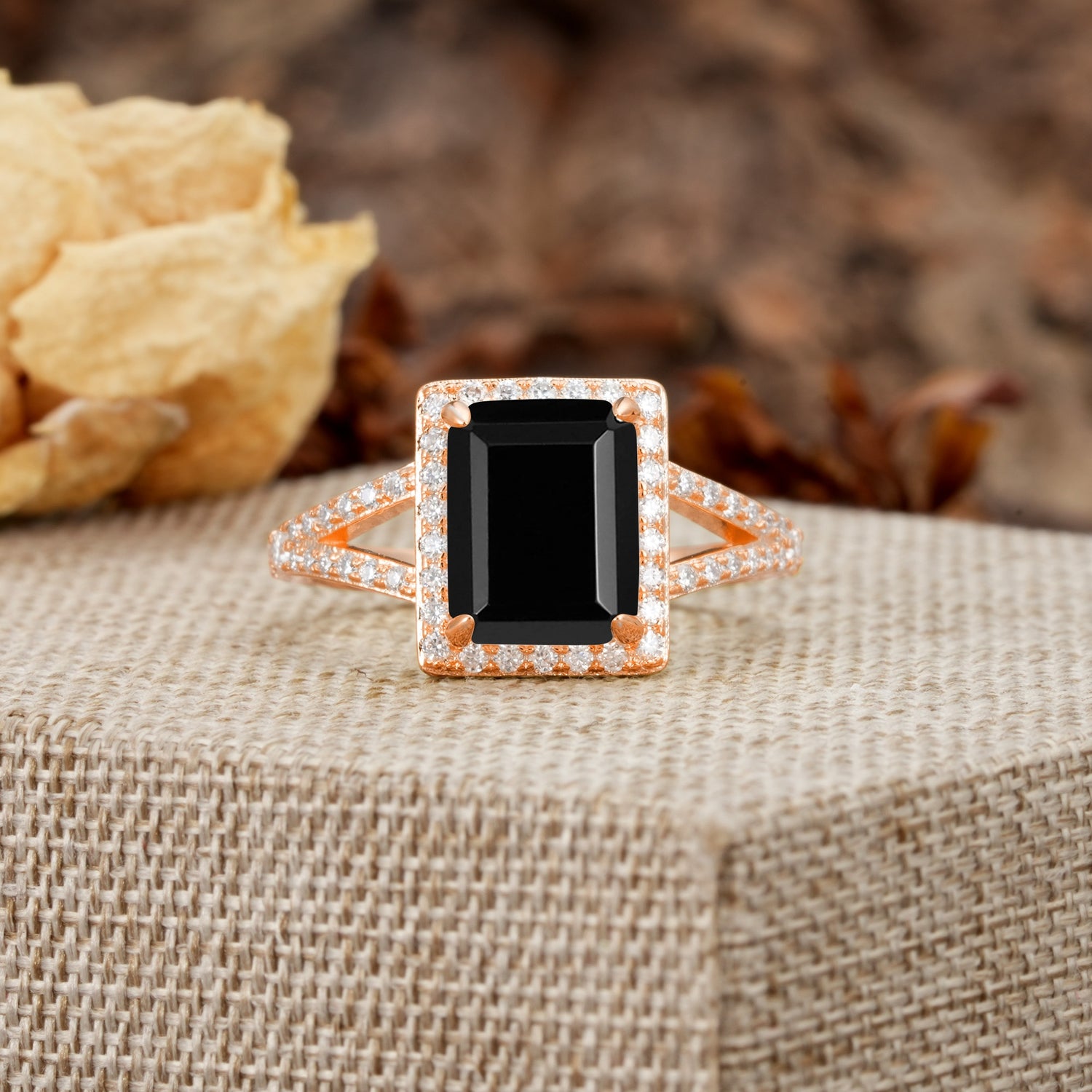 Unique & Classic 4-Prong Emerald Cut Black Onyx Engagement Ring - Additional view