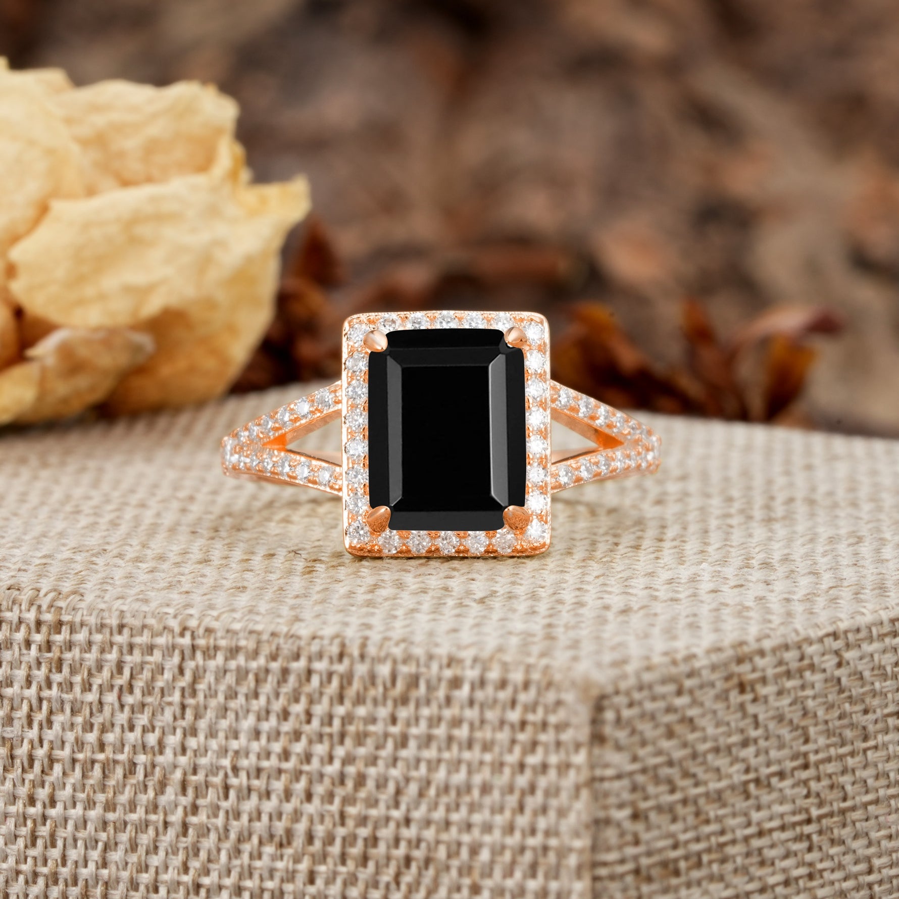 Unique & Classic 4-Prong Emerald Cut Black Onyx Engagement Ring - Additional view