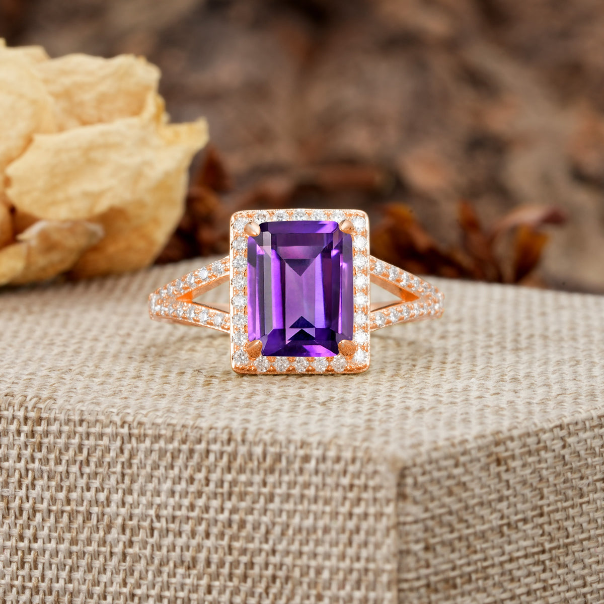 Unique & Classic 4-Prong Emerald Cut Amethyst Engagement Ring - Additional view