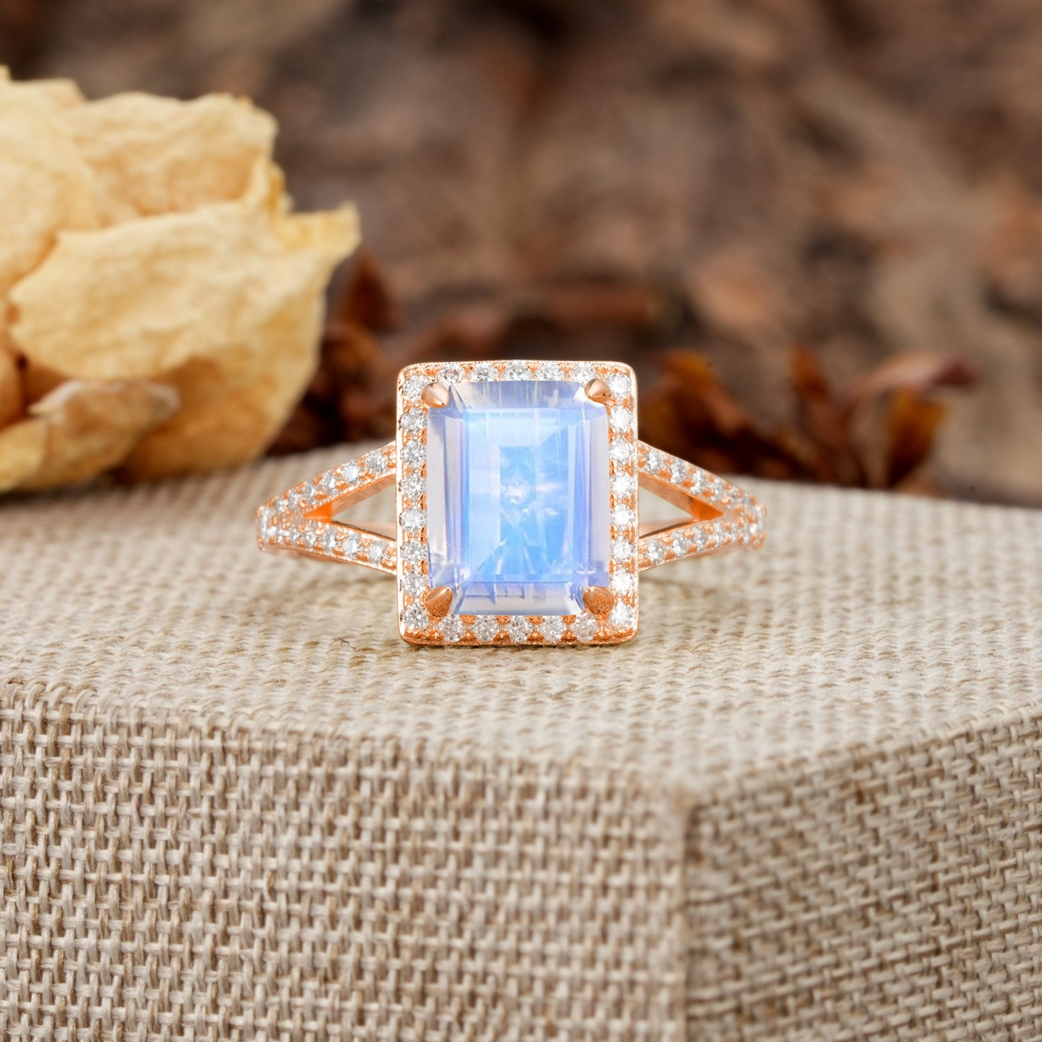 Unique & Classic 4-Prong Emerald Cut Moonstone Engagement Ring - Additional view