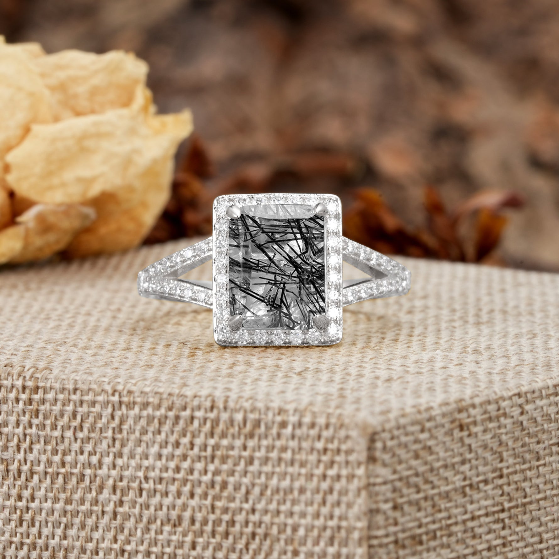 Unique & Classic 4-Prong Emerald Cut Black Rutilated Quartz Engagement Ring - Additional view