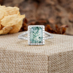 Unique & Classic 4-Prong Emerald Cut Moss Agate Engagement Ring - Additional view