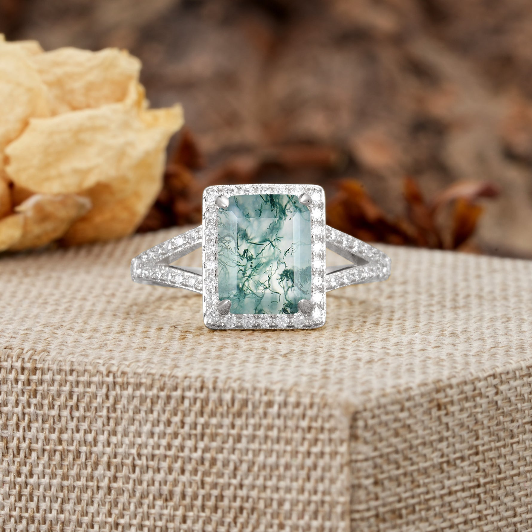 Unique & Classic 4-Prong Emerald Cut Moss Agate Engagement Ring - Additional view