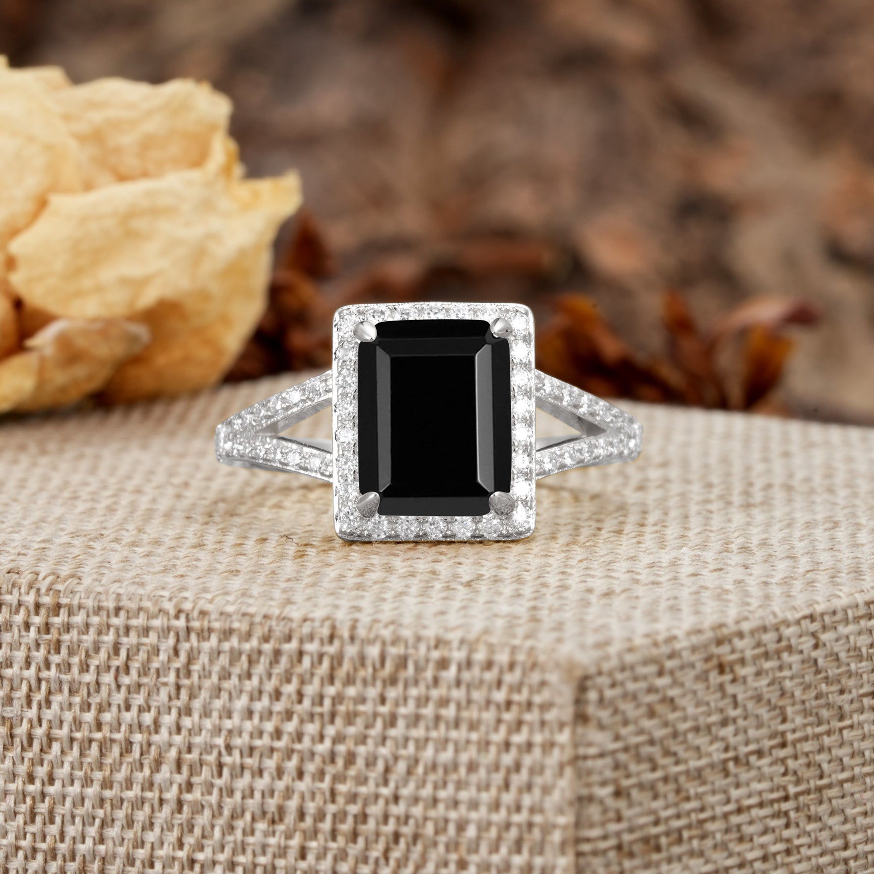 Unique & Classic 4-Prong Emerald Cut Black Onyx Engagement Ring - Additional view